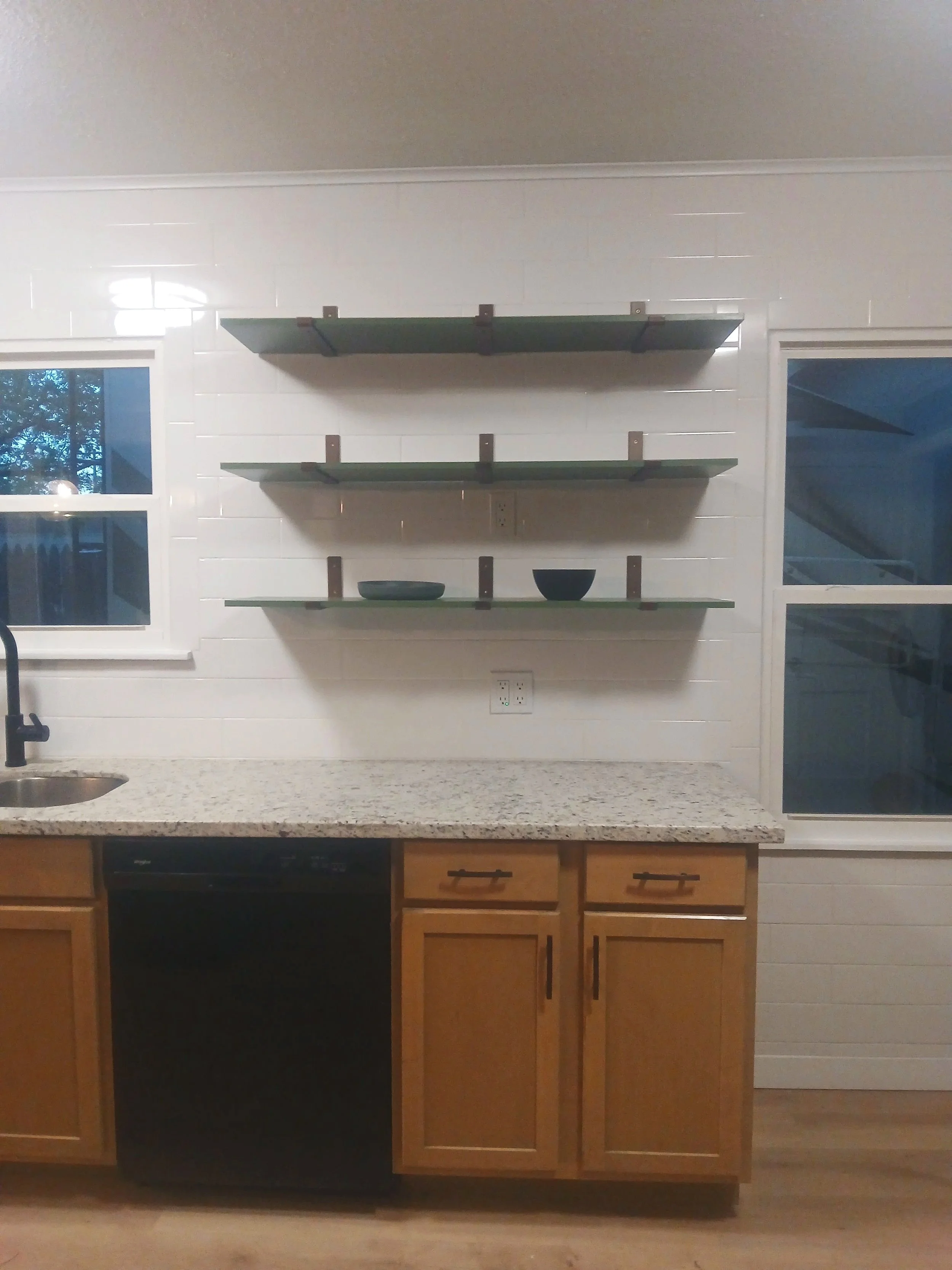 Tile backsplash, install shelves, crown moulding, stain cabinets, cabinet hardware