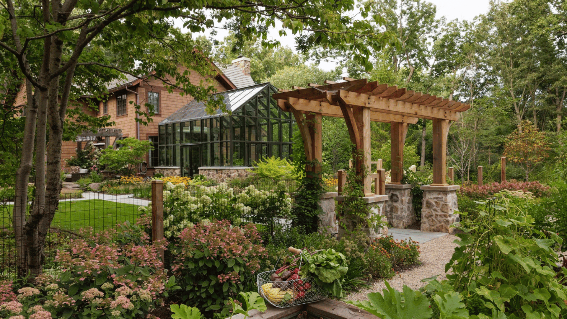 Riverwoods IL Cedar Pergola Garden Gateway Perennial Borders Greenhouse Backdrop pappas company construction landscape design landscaping