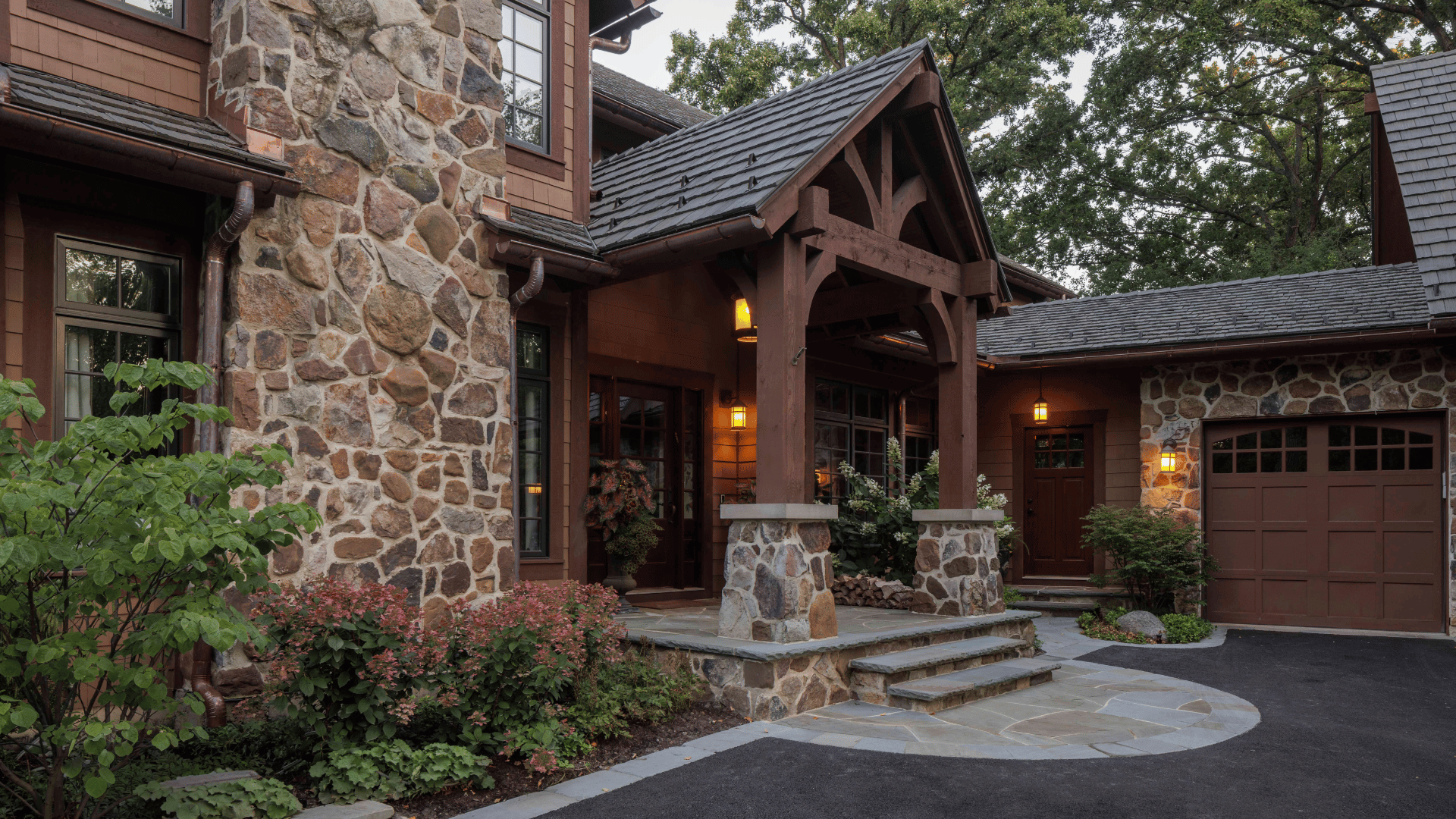 Riverwoods IL Craftsman Stone Timber Front Entry Bluestone Steps Landscaping hardscaping pappas company construction landscape design