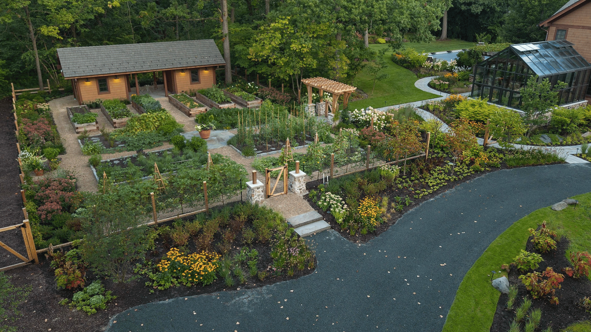 Riverwoods IL Aerial Kitchen Garden Raised Beds Greenhouse Pergola pappas company construction landscape design landscaping