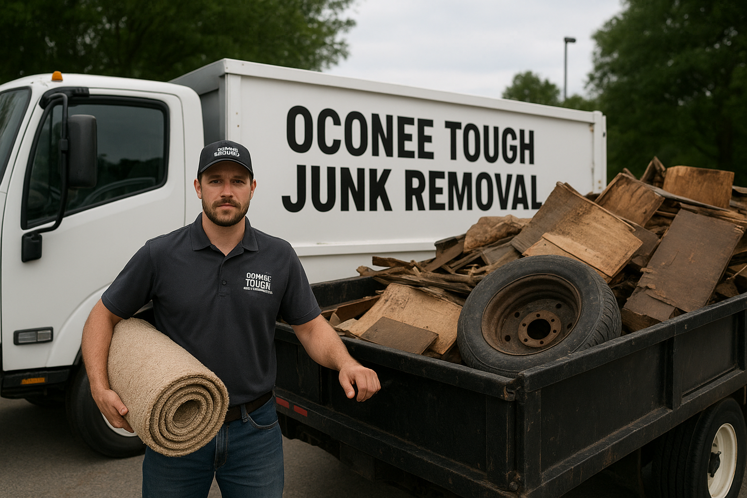 Male worker stands beside a truck with a sign that reads 'Oconee Tough Junk Removal,' holding a rolled rug, with a load of wood and a tire in the truck bed.