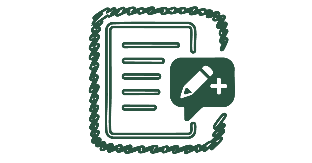 Icon of a document with lines of text, surrounded by a thick border, and a speech bubble with a pencil and plus sign indicating editing or adding content.