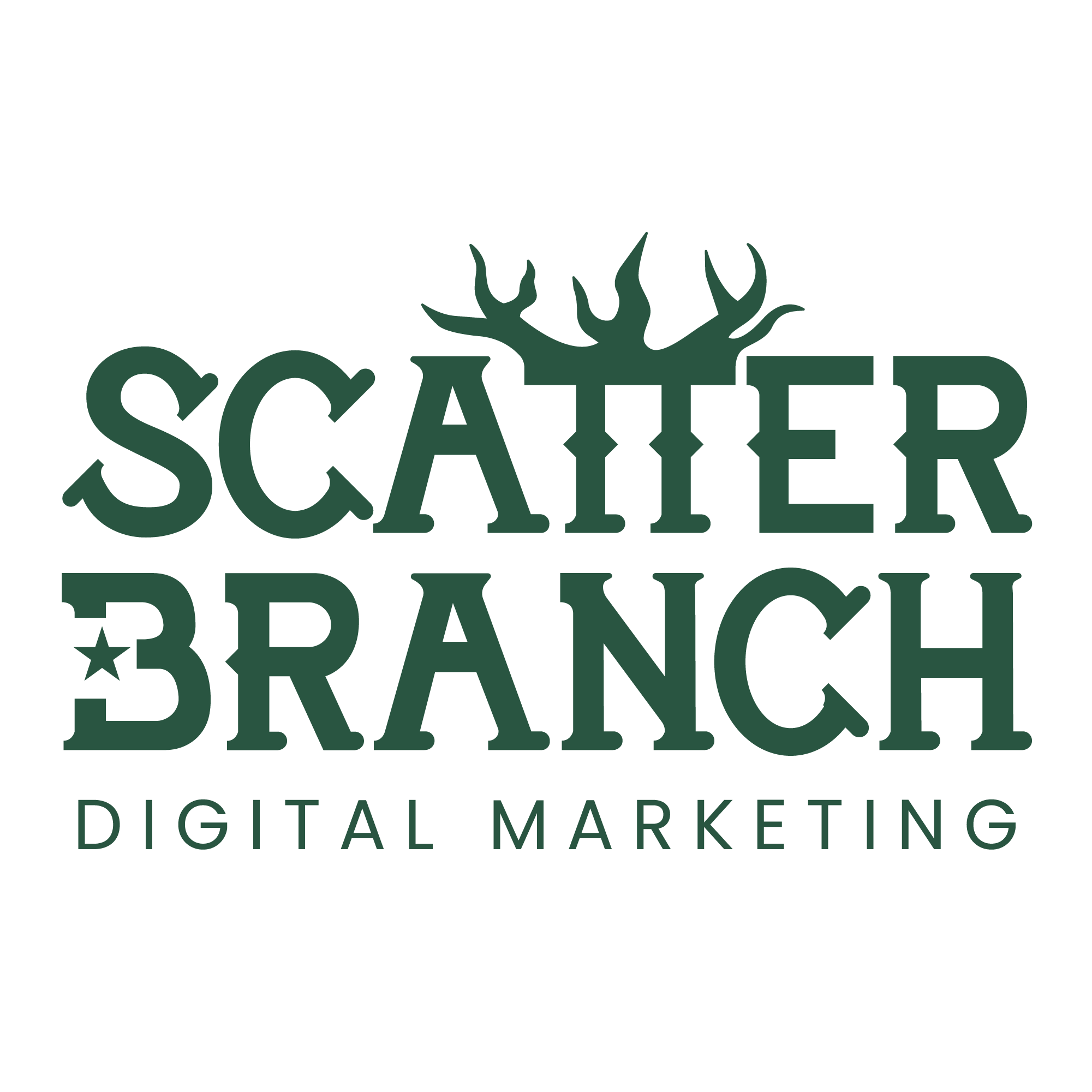 Logo for ScatterBranch Digital Marketing featuring stylized text with a tree branch graphic above the words.