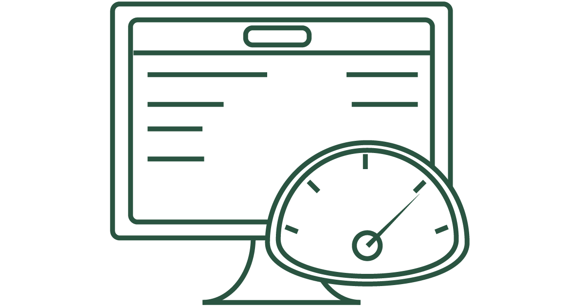 Line drawing of a computer monitor with a speed gauge in front of it.