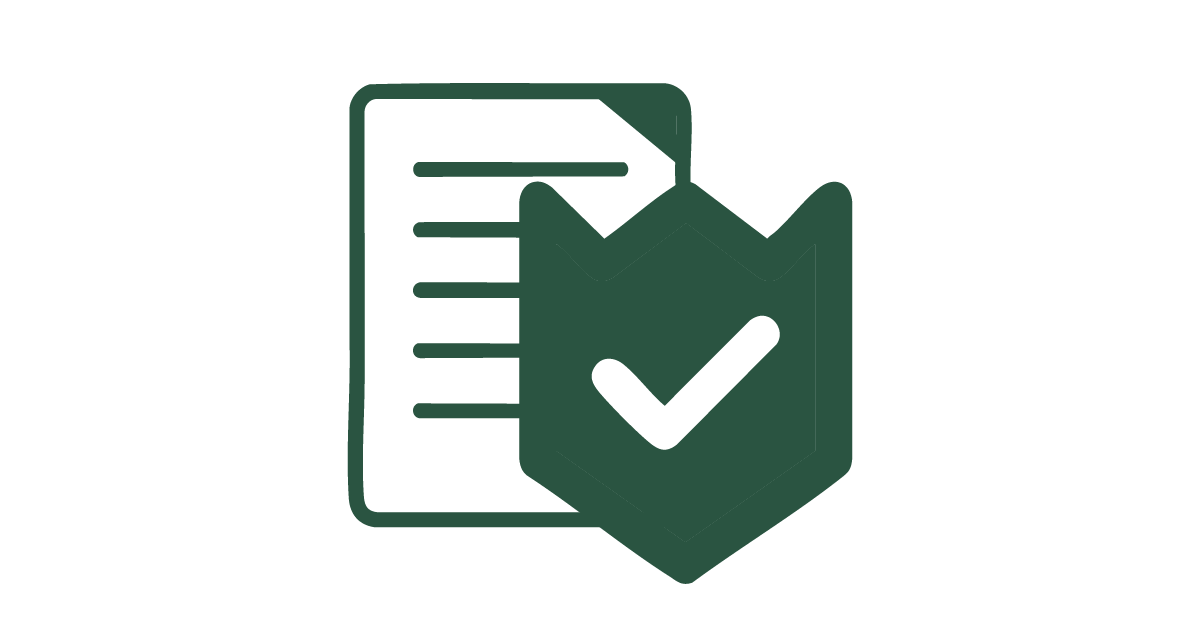 Icon of a document with lines of text and a shield with a checkmark, symbolizing verified or approved documents.