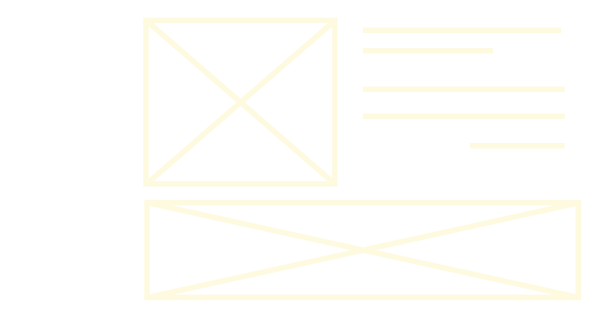 Placeholder wireframe for a webpage, includes a large square image placeholder with a cross, a list of four lines indicating text on the right, and a wide banner image placeholder at the bottom.