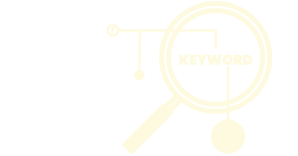 Illustration of a magnifying glass with the word 'KEYWORD' inside, representing keyword research. The magnifying glass is part of a larger graphic with connecting nodes, symbolizing analysis or search.