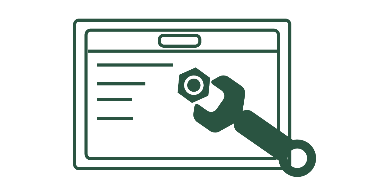 Icon of a hand holding a bolt inside a web browser window with text lines.