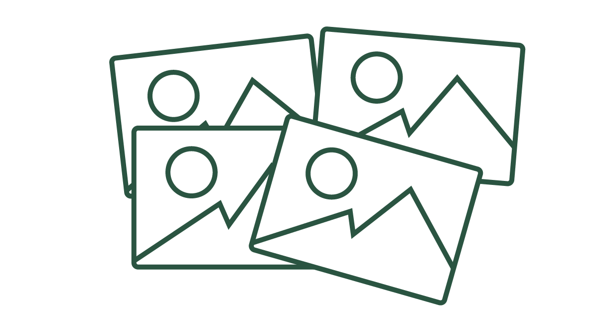 Line drawing of five photographs or postcards with a circular and mountain-shaped design.