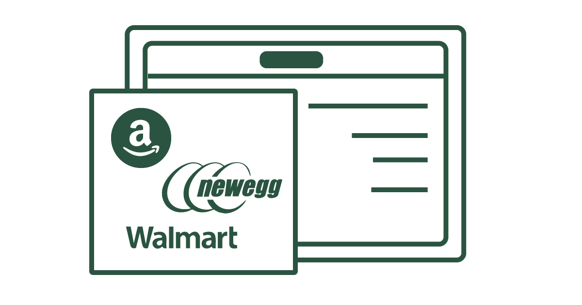 Line drawing of a computer screen with a Walmart order notification and an Amazon package with Newegg branding.
