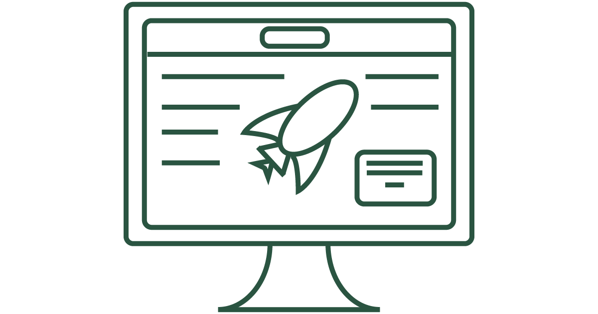 Line drawing of a computer monitor displaying a rocket and text, with a small button on the screen.