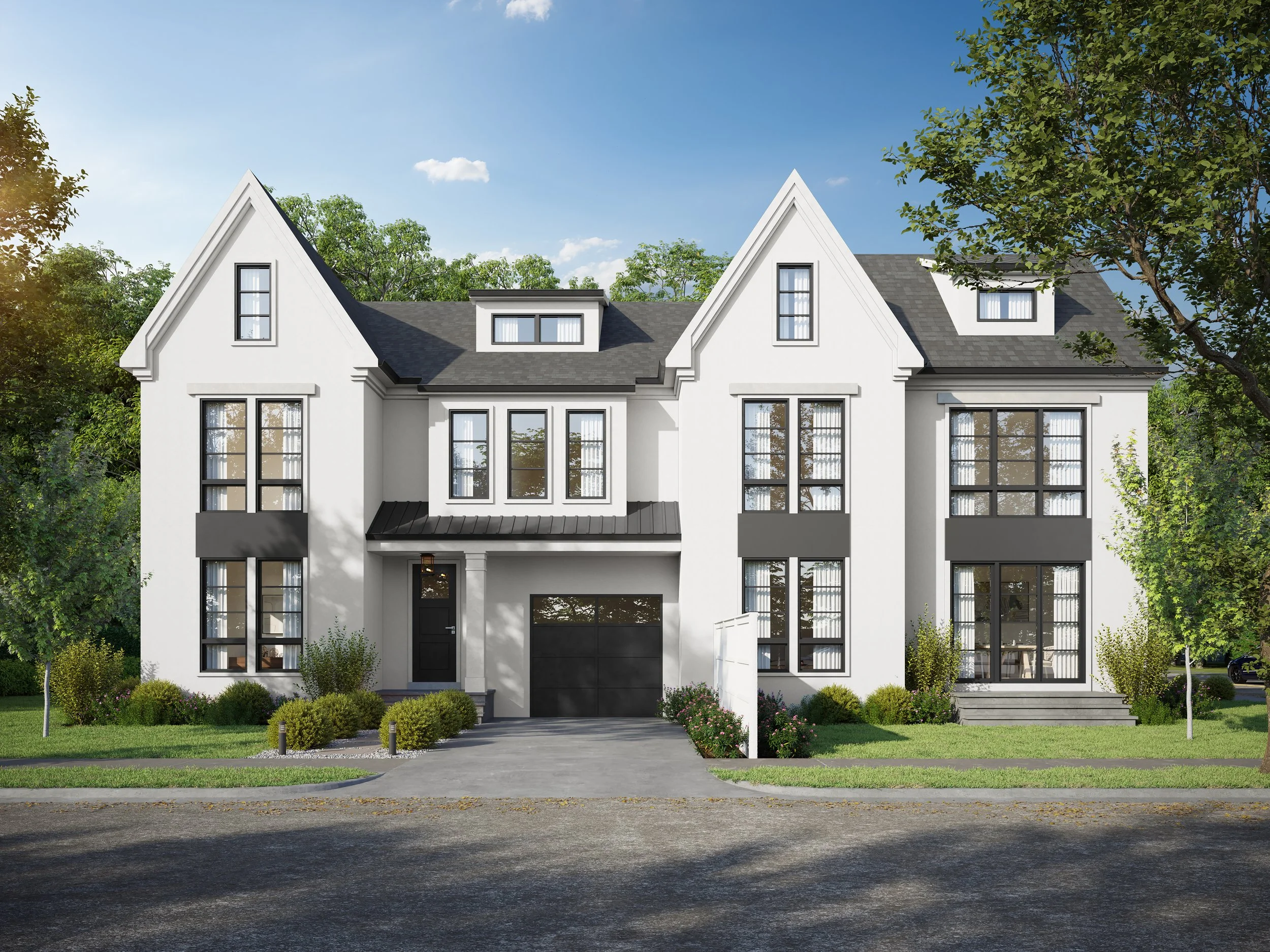Modern white multi-story house with large windows, black accents, and a dark gray roof, surrounded by greenery under a blue sky.