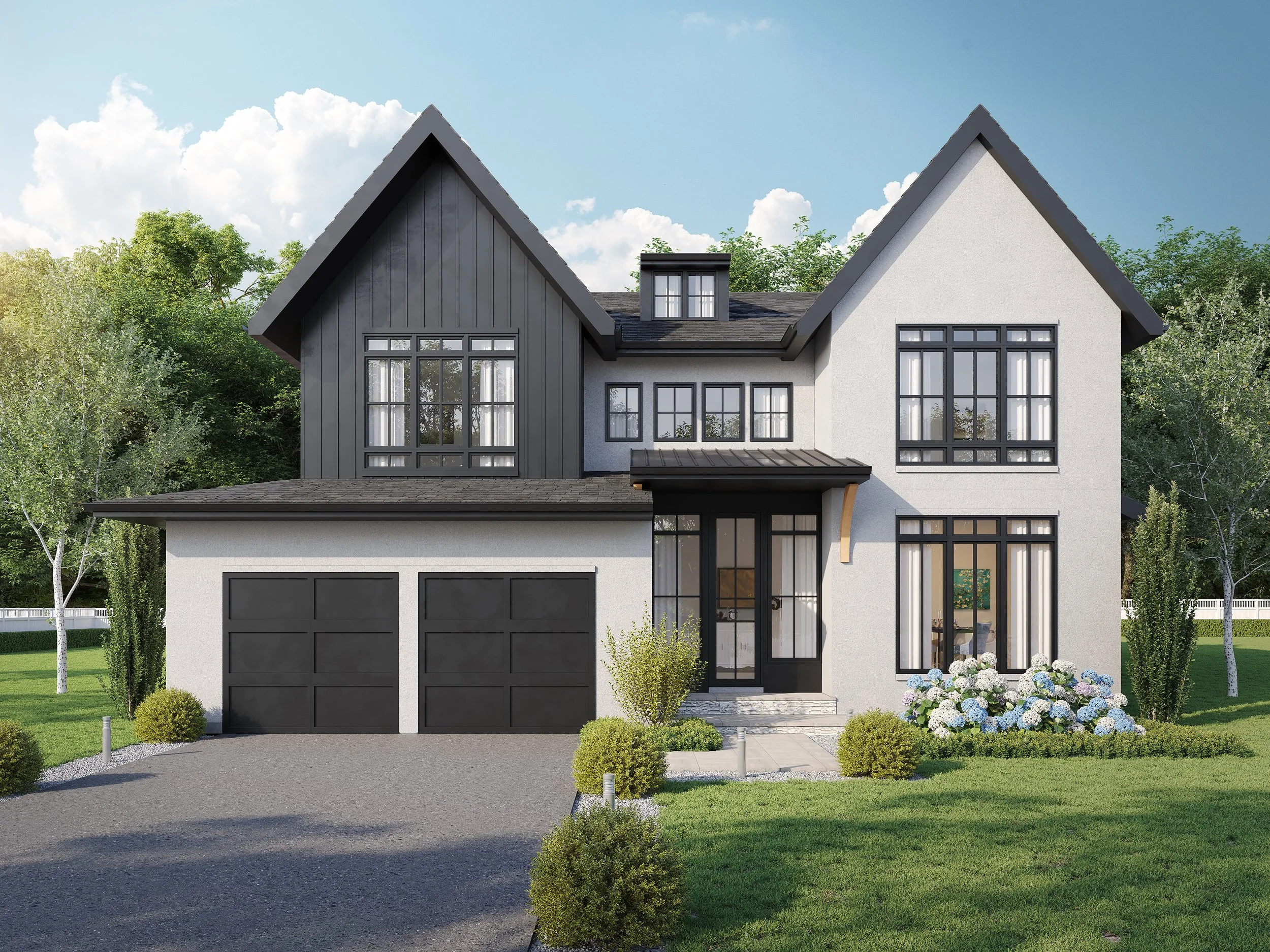 Modern two-story house with white and black exterior, large windows, a two-car garage, and a landscaped front yard with green grass and landscaping