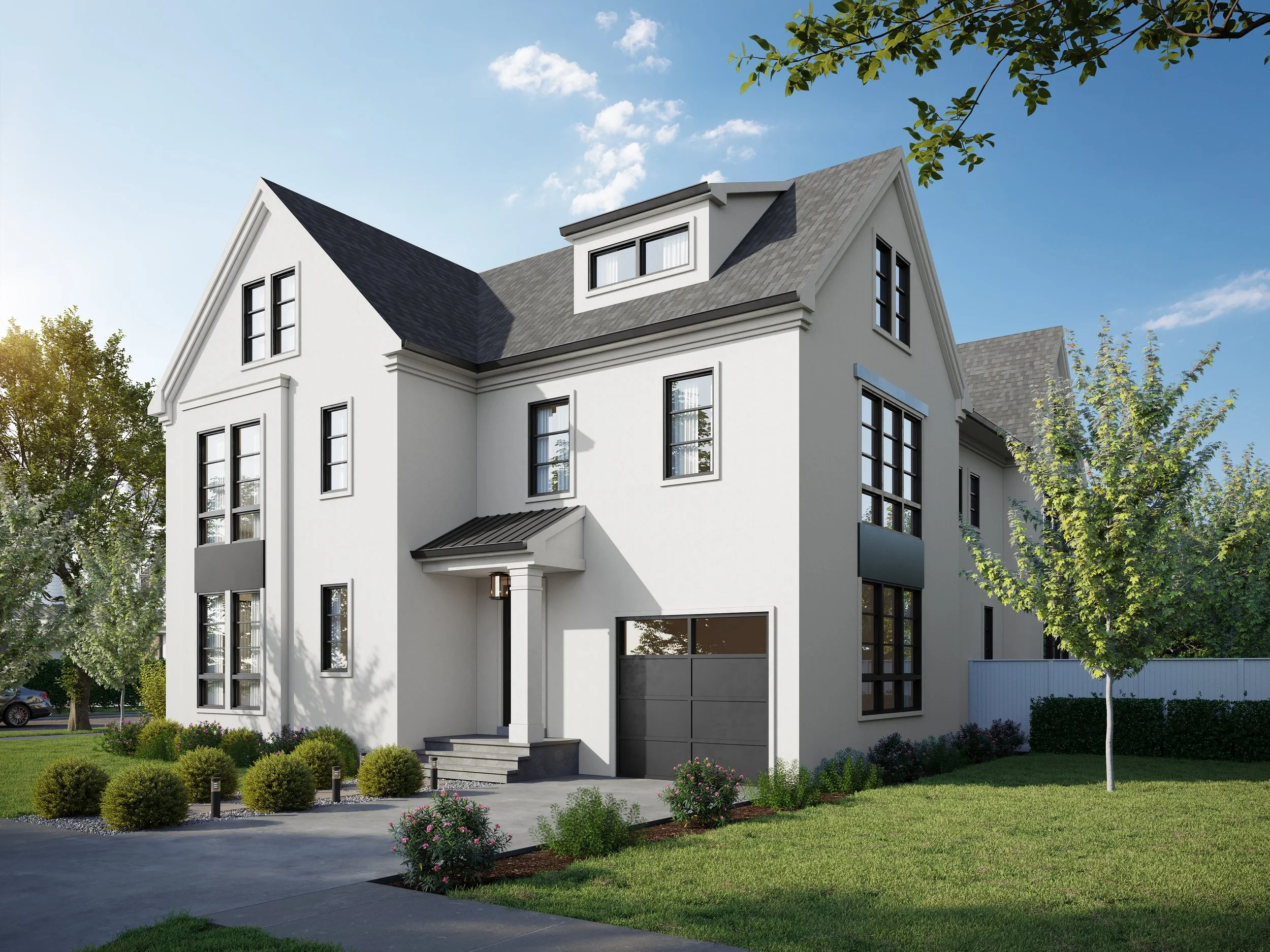 Modern multi-story white house with black window frames, surrounded by green trees and lawn, under a partly cloudy blue sky.