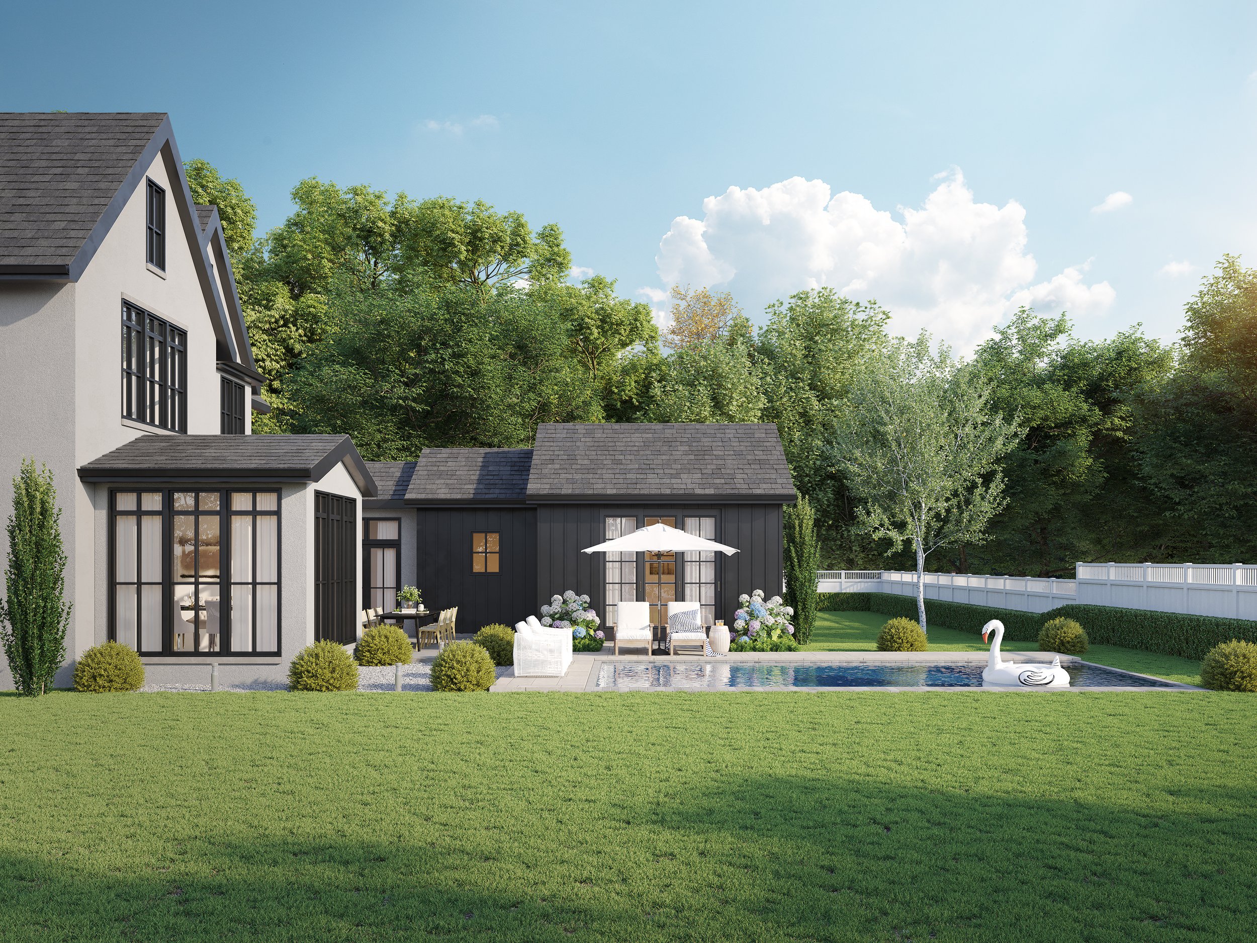 Backyard scene with a modern gray and black house, pool, patio furniture, a swan pool float, and trees under a blue sky with clouds.