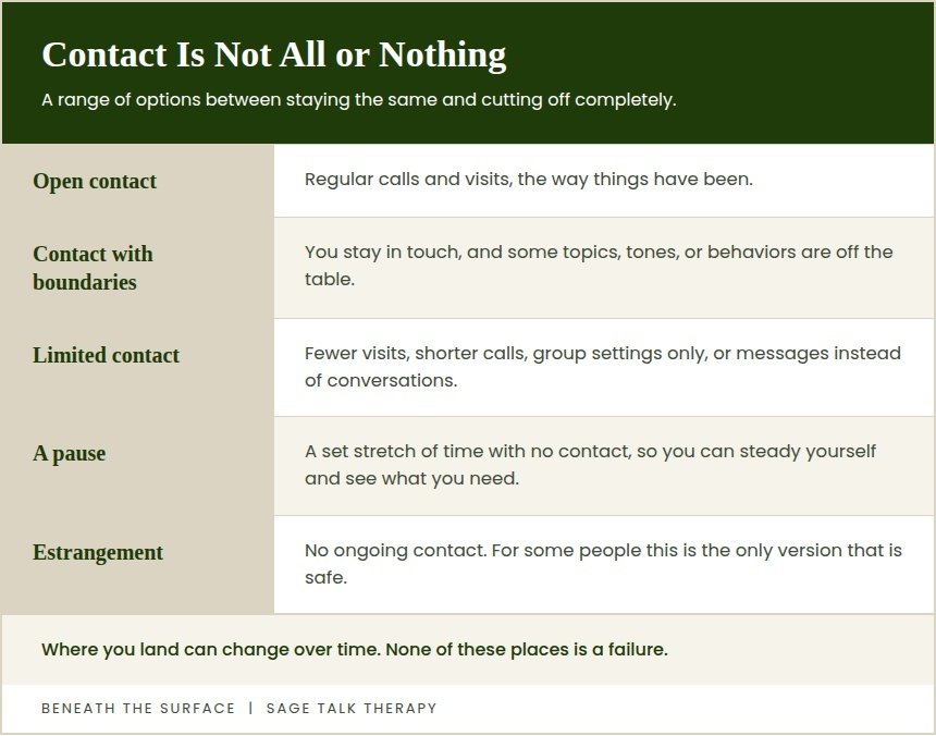 Chart showing contact with family is not all or nothing, ranging from open contact through contact with boundaries, limited contact, a pause, and estrangement.