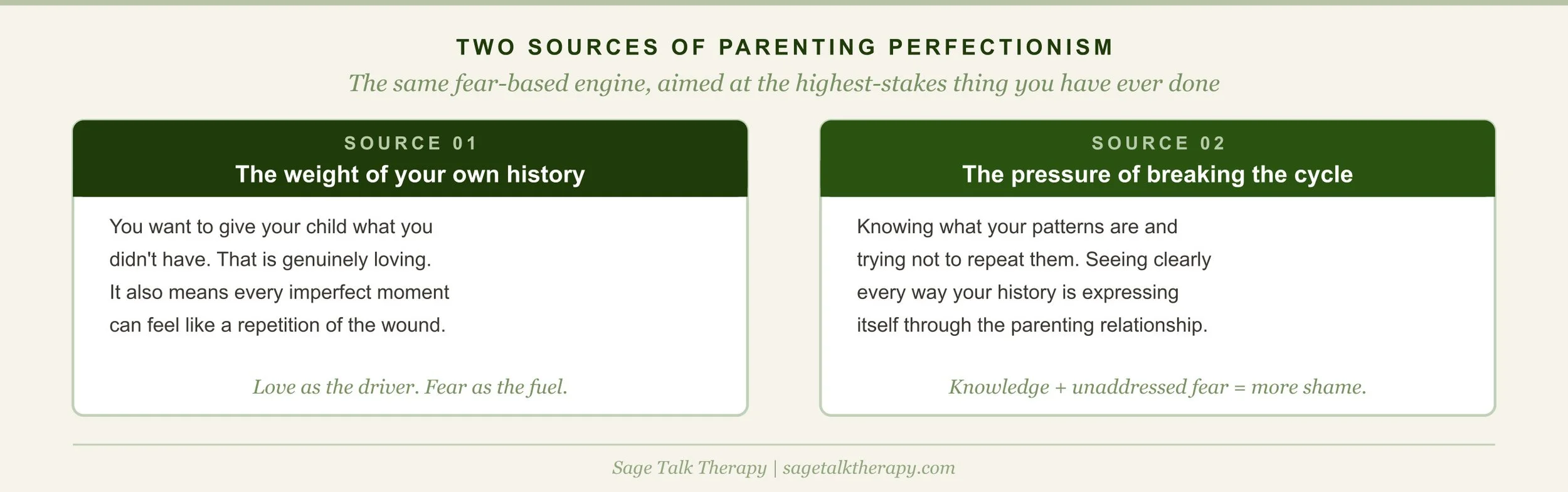 Two-card diagram showing the two main sources of parenting perfectionism: the weight of your own childhood history driving the desire to parent differently, and the pressure of consciously trying to break intergenerational cycles.