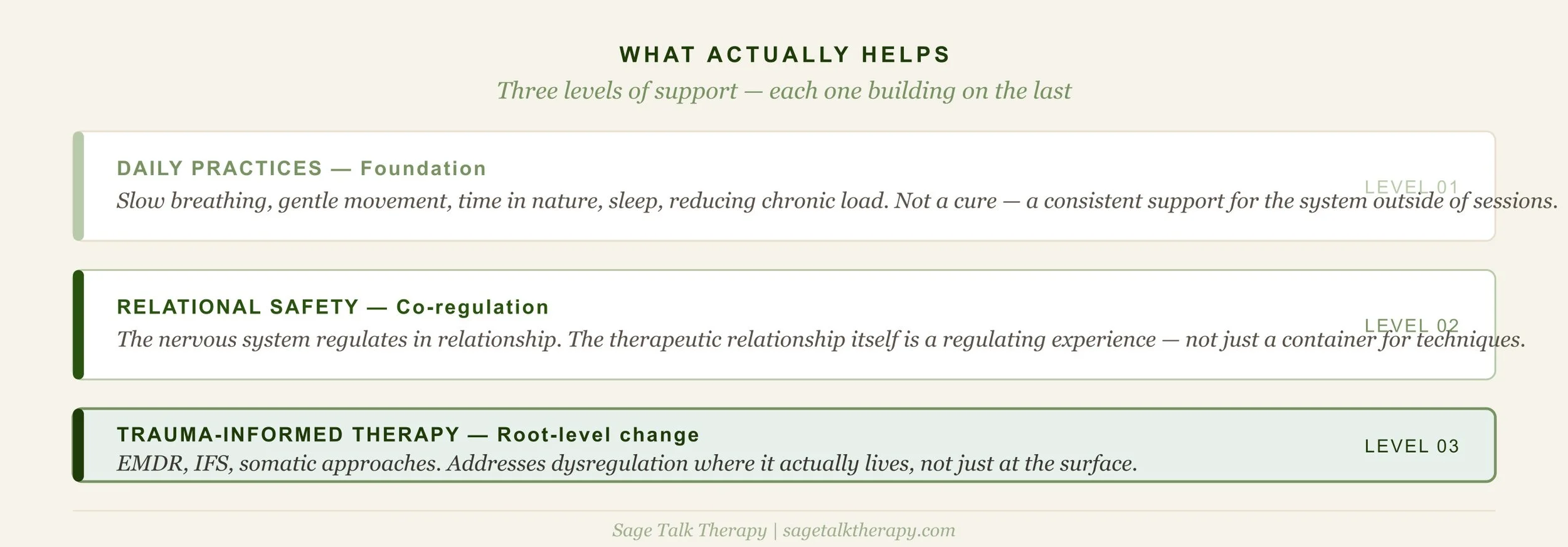 Three-tier diagram showing levels of support for nervous system regulation: daily practices, relational safety, and trauma-informed therapy