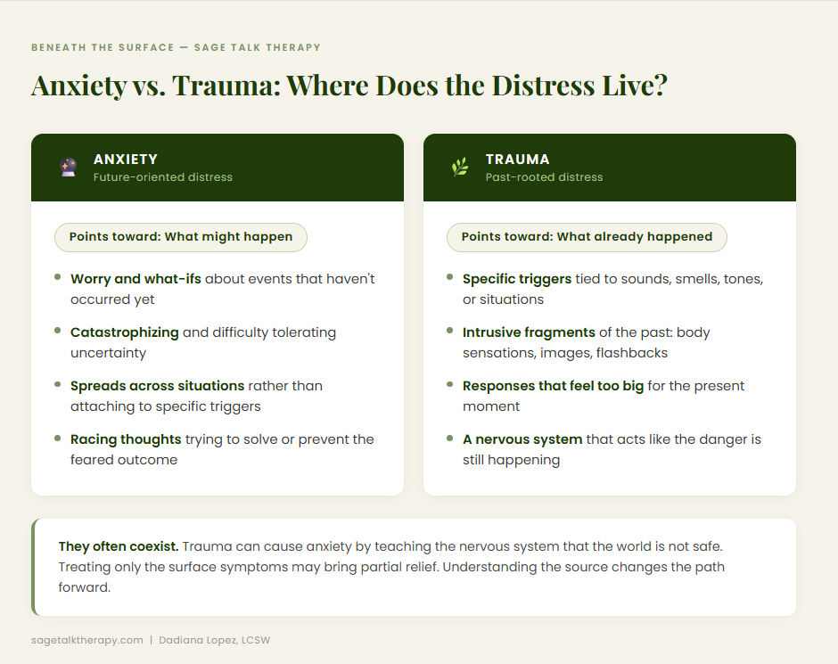 Side-by-side comparison: anxiety as future-oriented distress vs. trauma as past-rooted distress. Four bullet points in each column with a bottom note about coexistence.