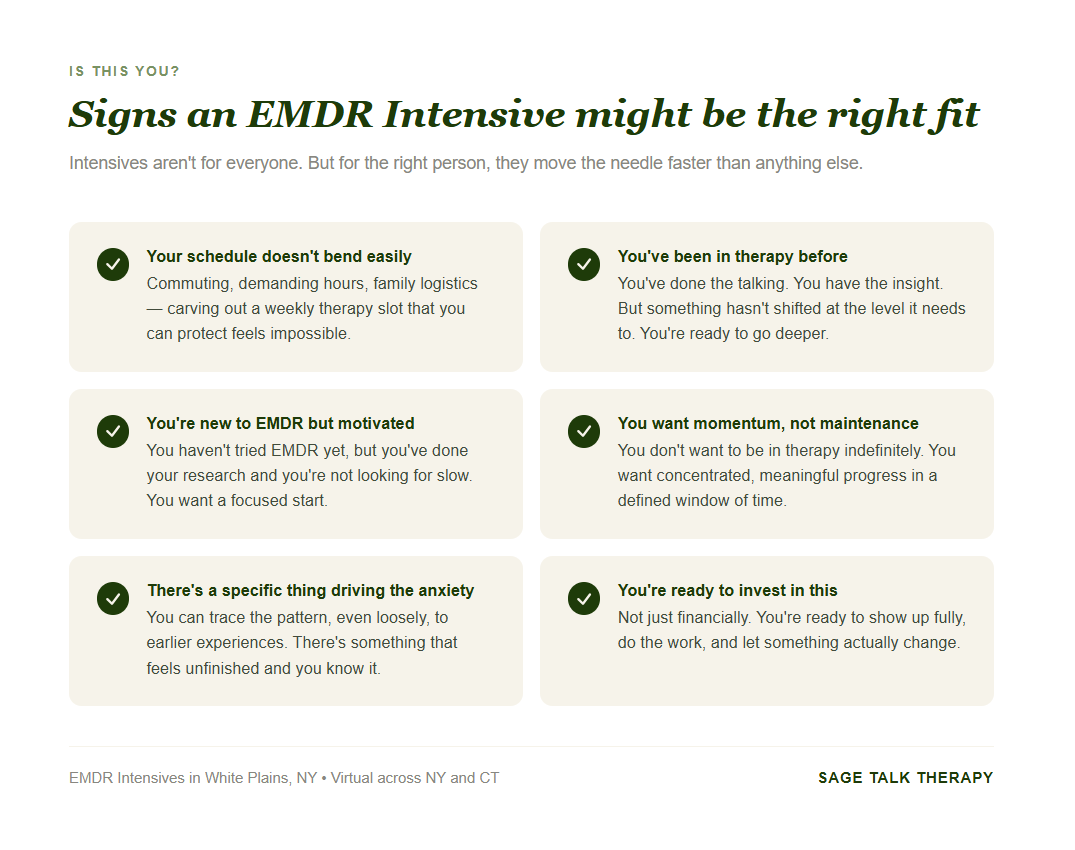 A side-by-side comparison of weekly therapy friction points versus what EMDR Intensives do differently, including a callout about the brain needing uninterrupted time to process.