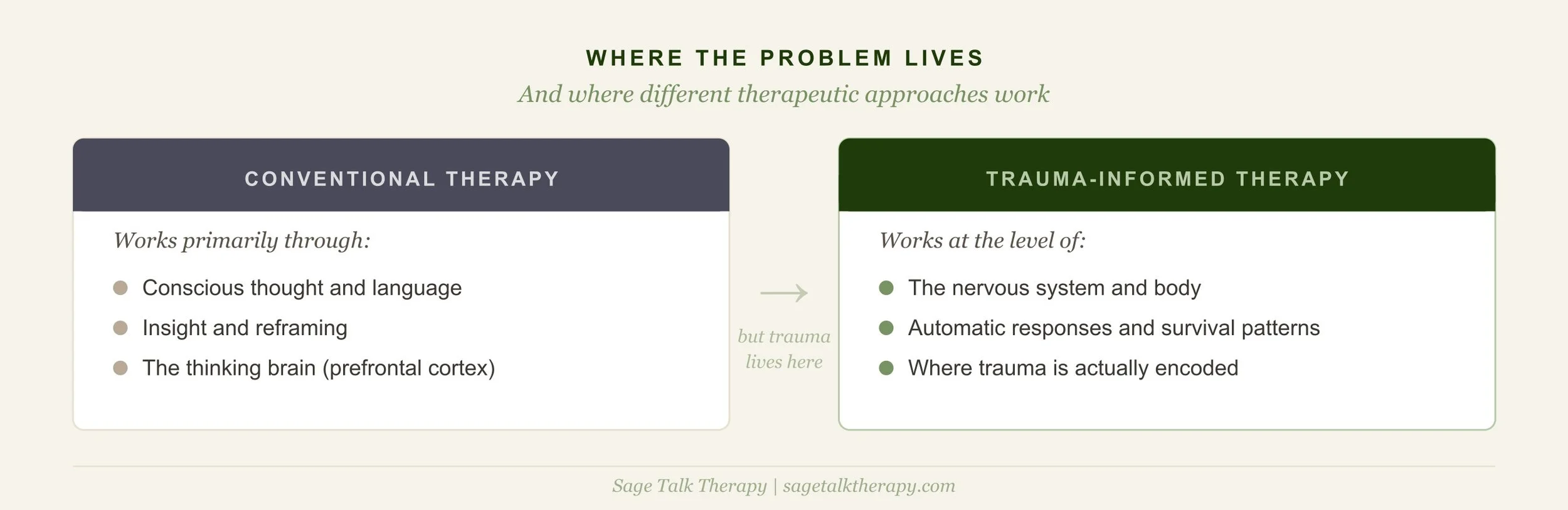Where the problem lives" comparison] Alt text: "Diagram comparing where conventional therapy works versus where trauma is actually stored