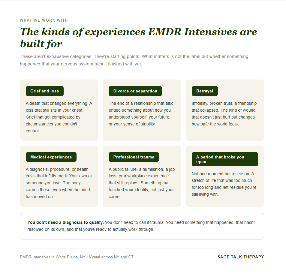 A six-card grid naming the types of experiences EMDR Intensives address, including grief, divorce, betrayal, medical experiences, professional trauma, and a period that was too much. Includes a note that you don't need a diagnosis or a label.