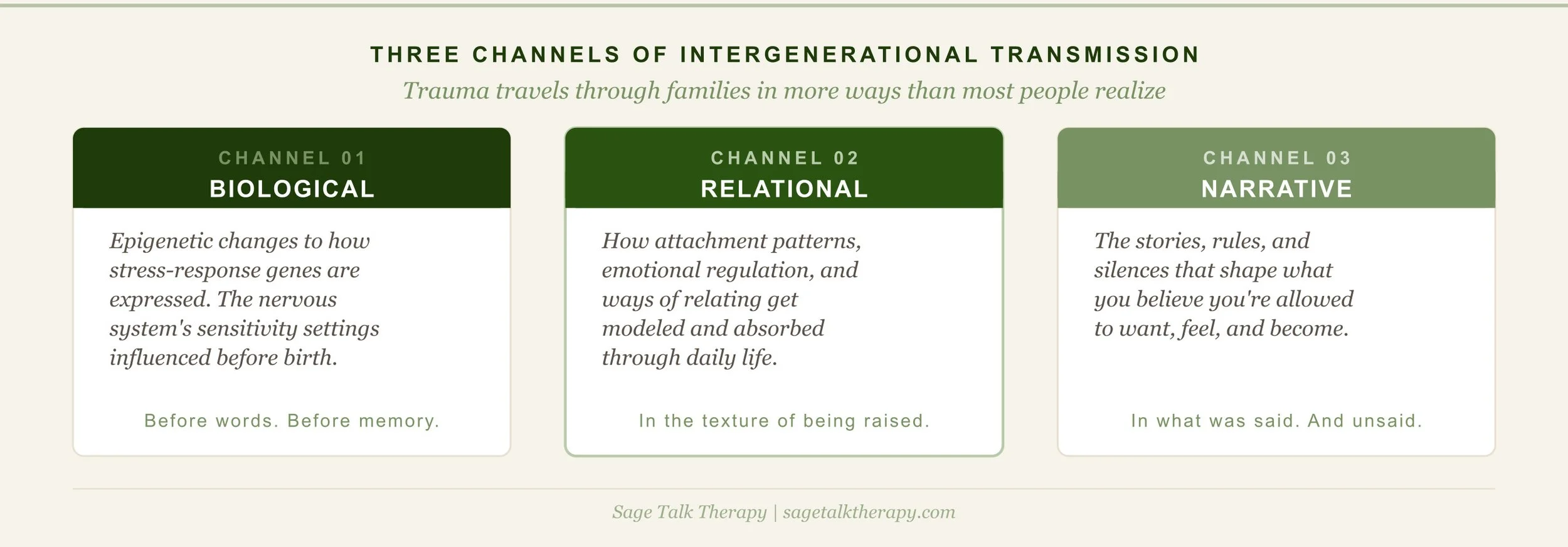 Three-column diagram showing the biological, relational, and narrative channels through which intergenerational trauma travels across generations