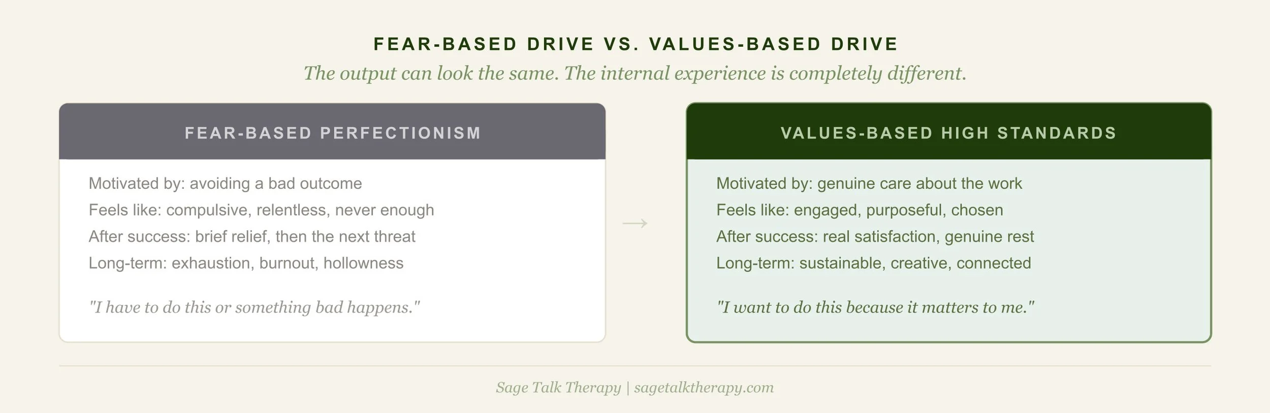 Side-by-side comparison of fear-based perfectionism versus values-based high standards — same output quality, completely different internal experience