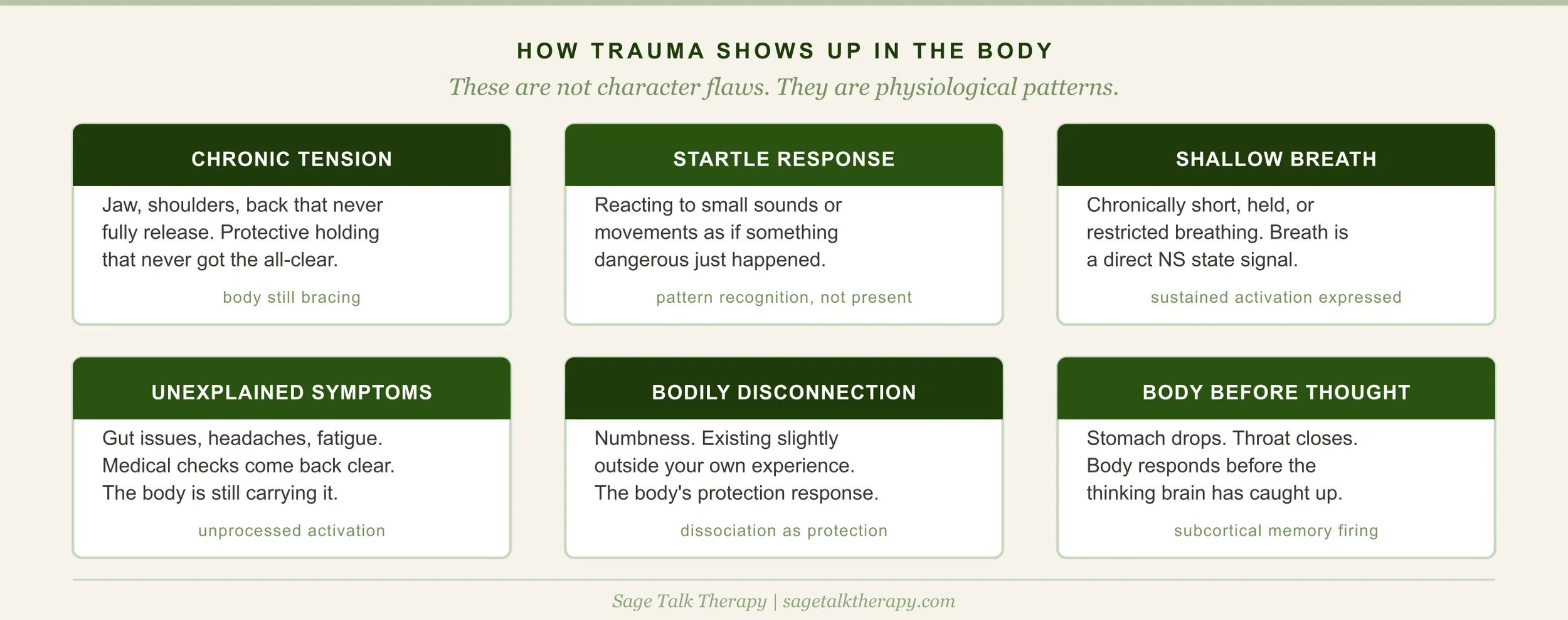 Six-item reference card showing how body-stored trauma shows up including chronic tension, startle response, shallow breathing, unexplained physical symptoms, disconnection from body, and physical reactions to emotional content
