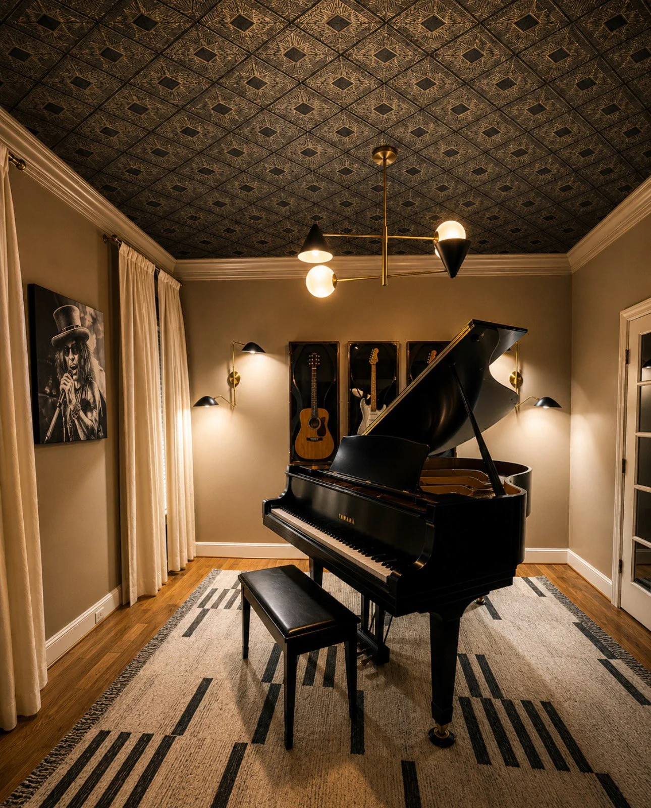 A black grand piano in a music studio with three acoustic guitars on the wall behind it. The room is decorated with cream-colored curtains, a framed black-and-white portrait of a singer on the wall, and a modern ceiling light fixture. The floor has a