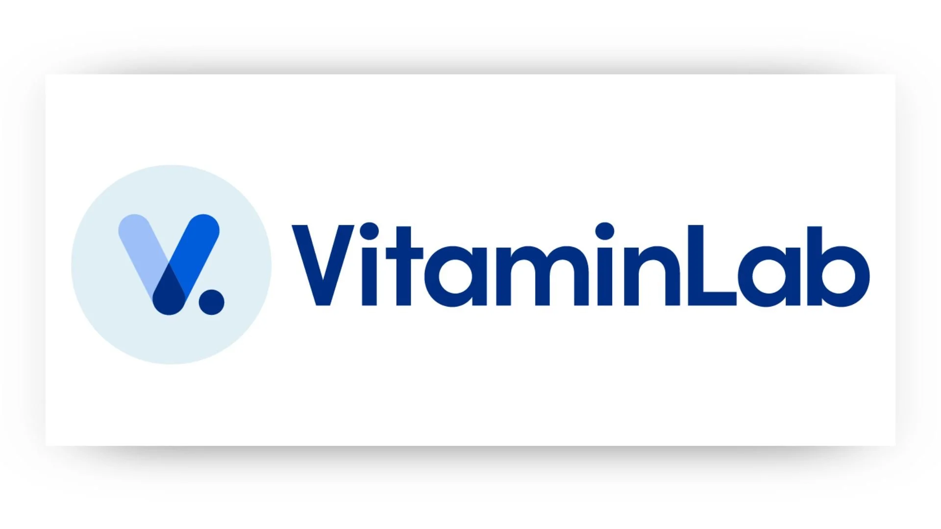 Logo of VitaminLab with a circular emblem containing a stylized 'V' in shades of blue, and the company name 'VitaminLab' in bold navy blue text.