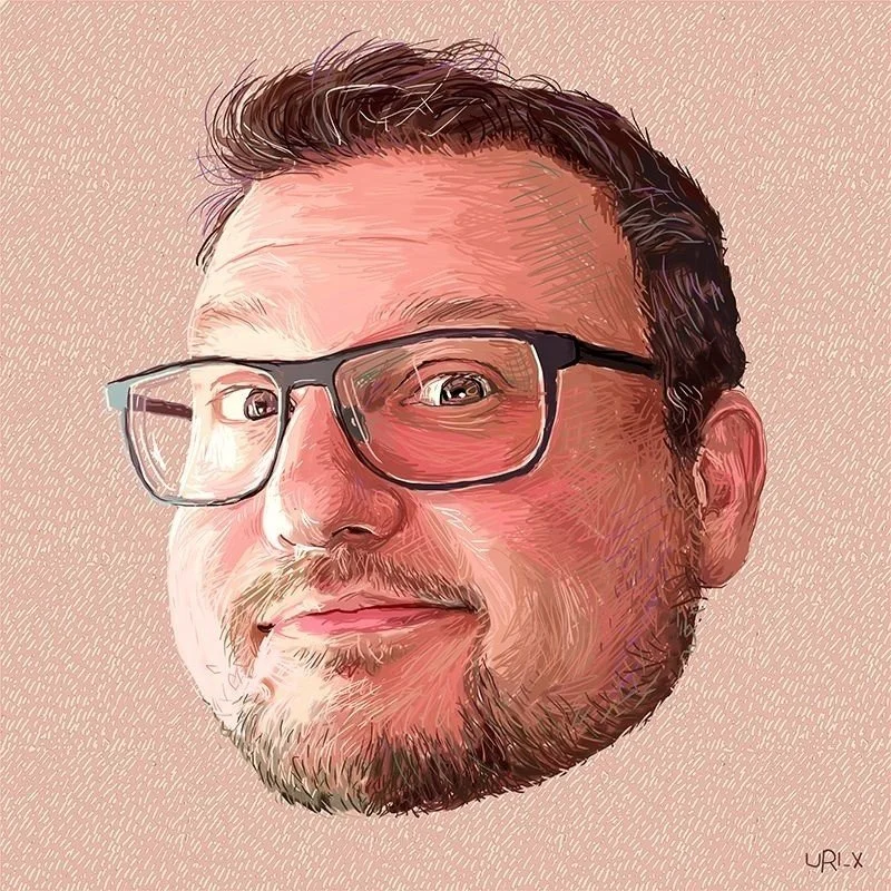 A digital illustration of a man with glasses, a beard, and short dark hair smiling at the camera.