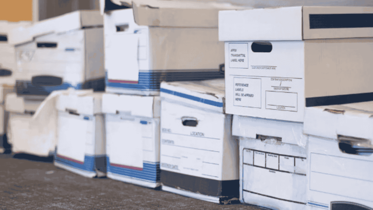 Old file boxes ready to be shredded, prepared for a shredding company