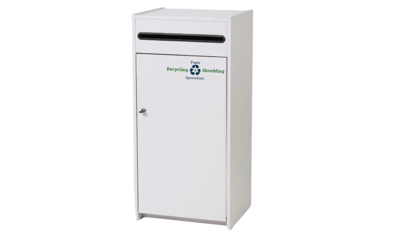 White metal/ wood document & paper shredding service, recycling bin with a lockable door and slot for inserting paper.