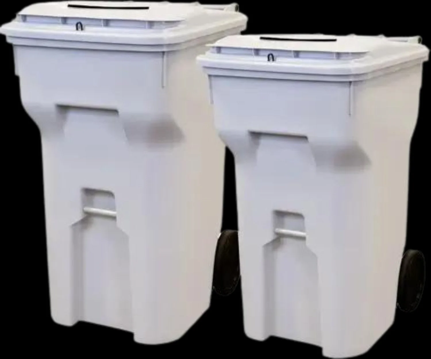 Two gray wheeled garbage bins with closed lids