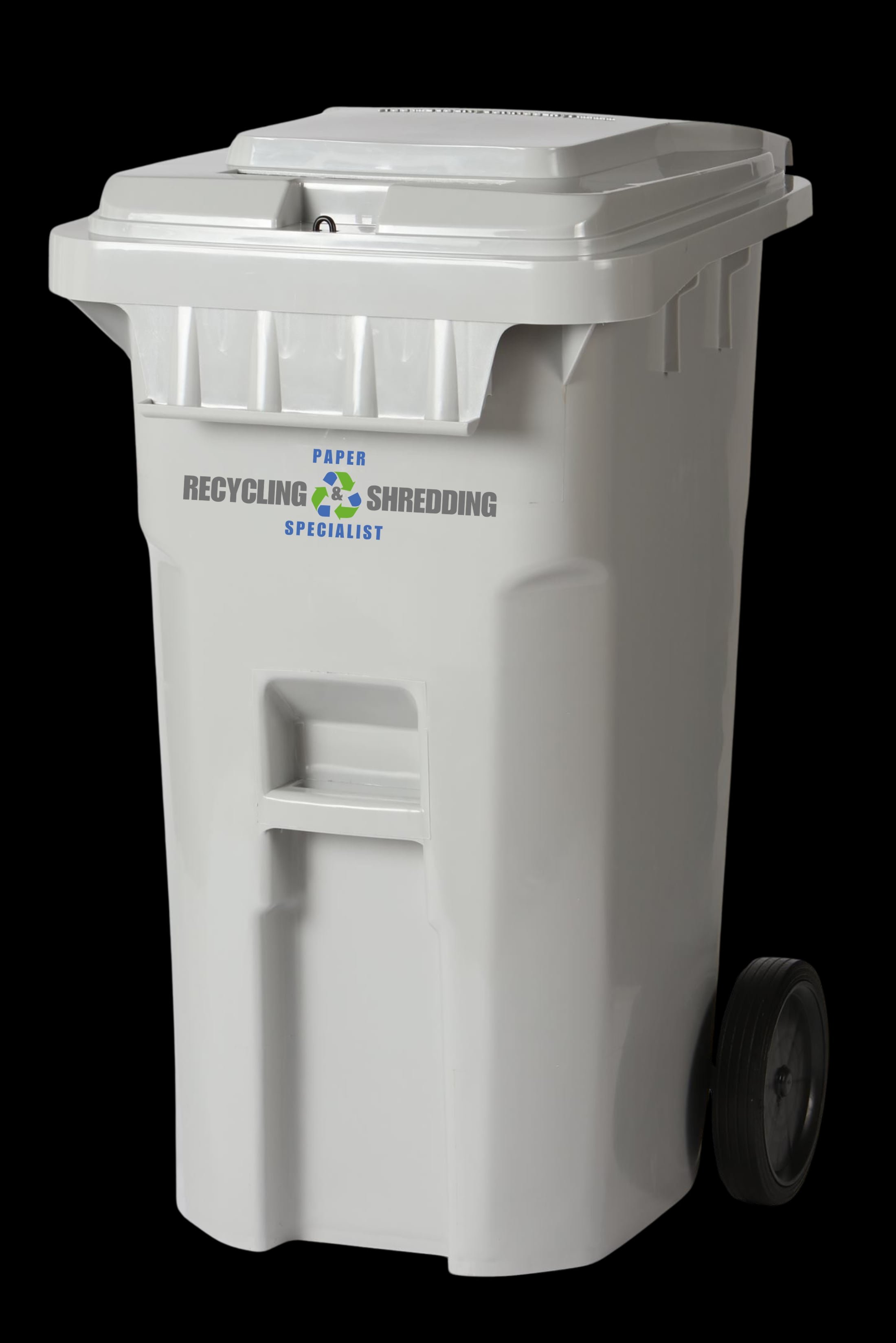 White recycling bin with wheels and lid, labeled "Paper Recycling & Shredding Specialist."