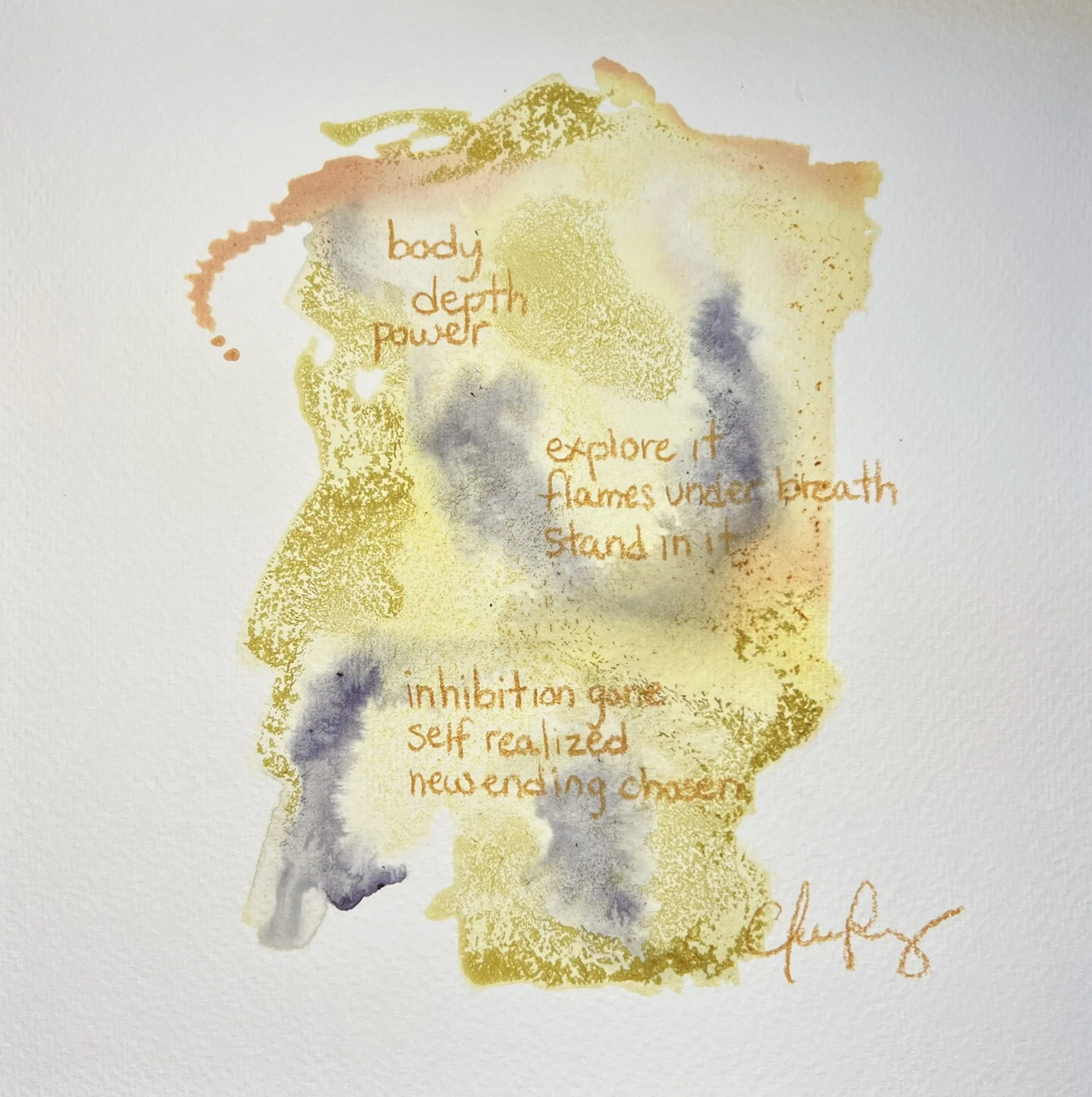 "Ascend IV" | Natural inks created from: Turmeric (radiant), red onion (confronting vulnerability), mulberry (wisdom) | Artist: Amanda Roy | 2025 | Meditation: "Symphony No. 3" by Philip Glass | 8"x8" mixed media on paper, natural inks, colored penci
