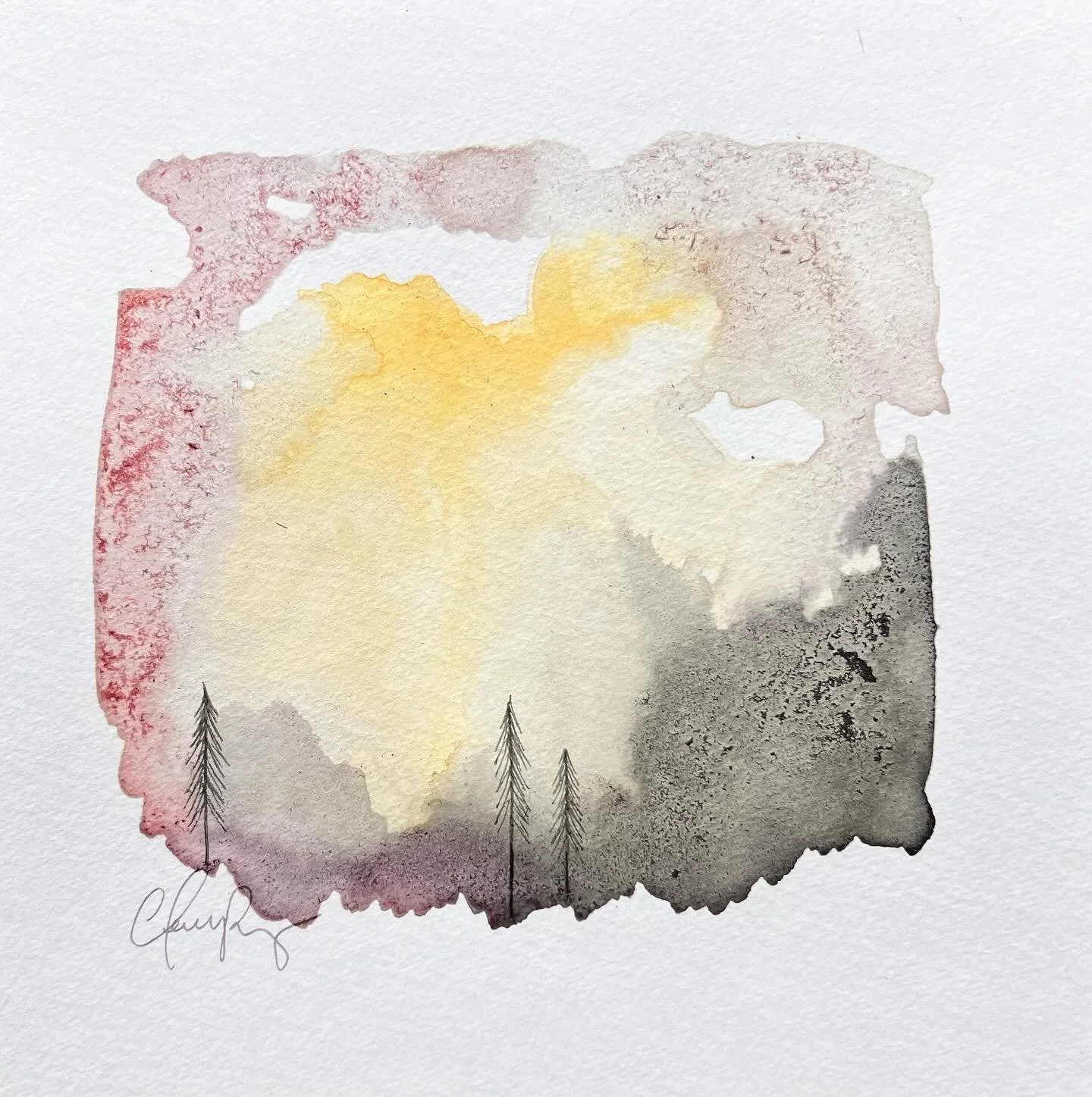 "Cathedral 2" | Natural inks created from: Ninebark (hope), Rose of Sharon (perseverance), Indiana Sand Cherries (resilience) | Artist: Amanda Roy | 2024 | Meditation: "Cathedral" by Vince Clarke | 8"x8" mixed media on paper| $250, framed.