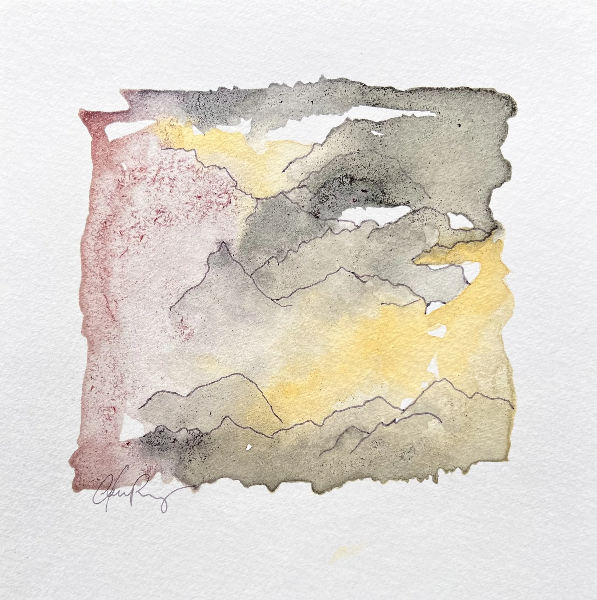 "Cathedral 1" | Natural inks created from: Ninebark (hope), Rose of Sharon (perseverance), Indiana Sand Cherries (resilience) | Artist: Amanda Roy | 2024 | Meditation: "Cathedral" by Vince Clarke | 8"x8" mixed media on paper| $250, framed.