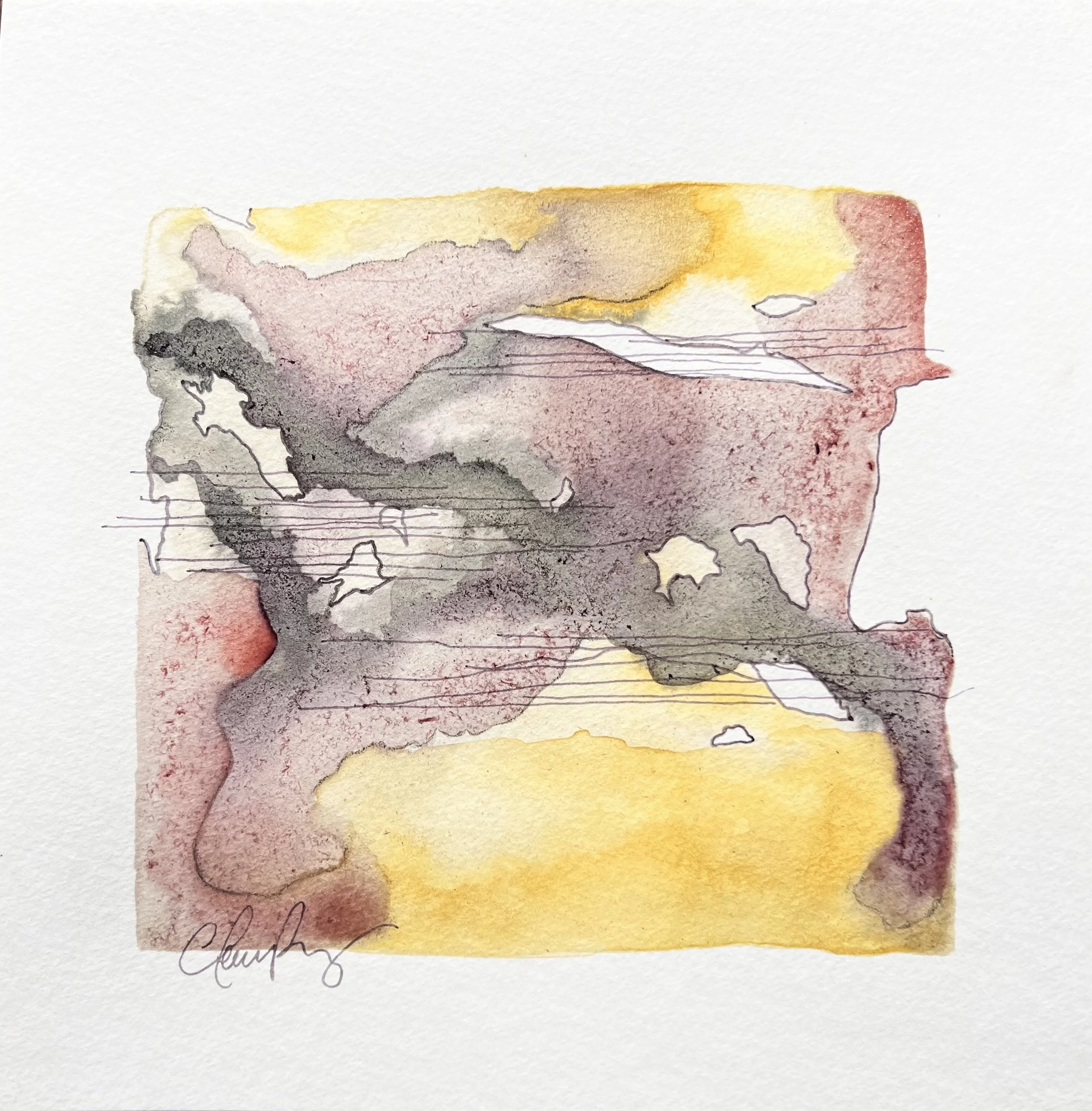 "Cathedral 3" | Natural inks created from: Ninebark (hope), Rose of Sharon (perseverance), Indiana Sand Cherries (resilience) | Artist: Amanda Roy | 2024 | Meditation: "Cathedral" by Vince Clarke | 8"x8" mixed media on paper| $250, framed.