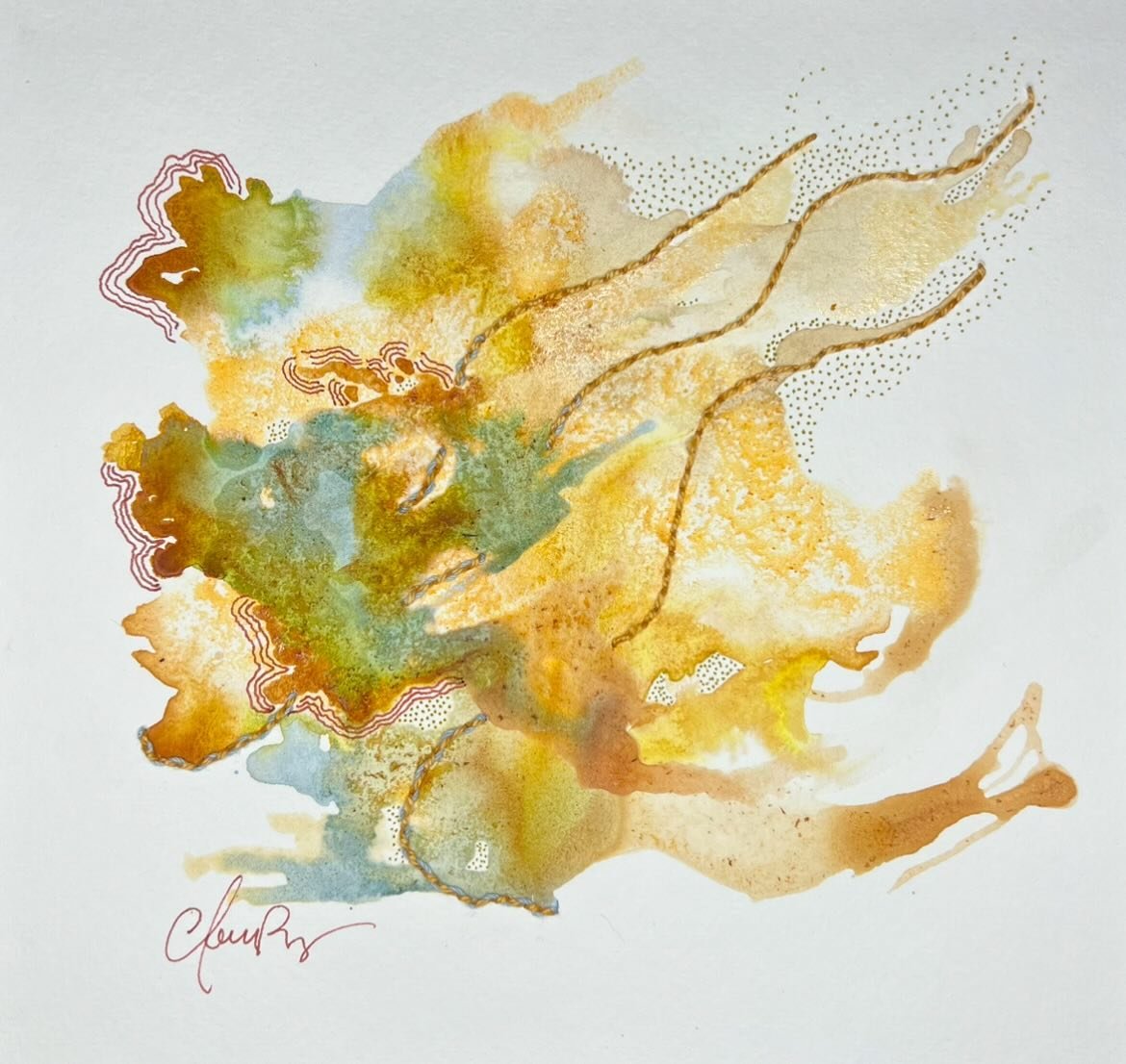 &ldquo;Nothing Brighter&rdquo;
Mixed media on paper
Natural inks, thread, pen

Natural inks and their symbolism:
Ninebark - hope and love (ink and thread)
Red cabbage - passion (ink and thread)
Butternut squash - magic
Strawberry - sensuality
Azalea 