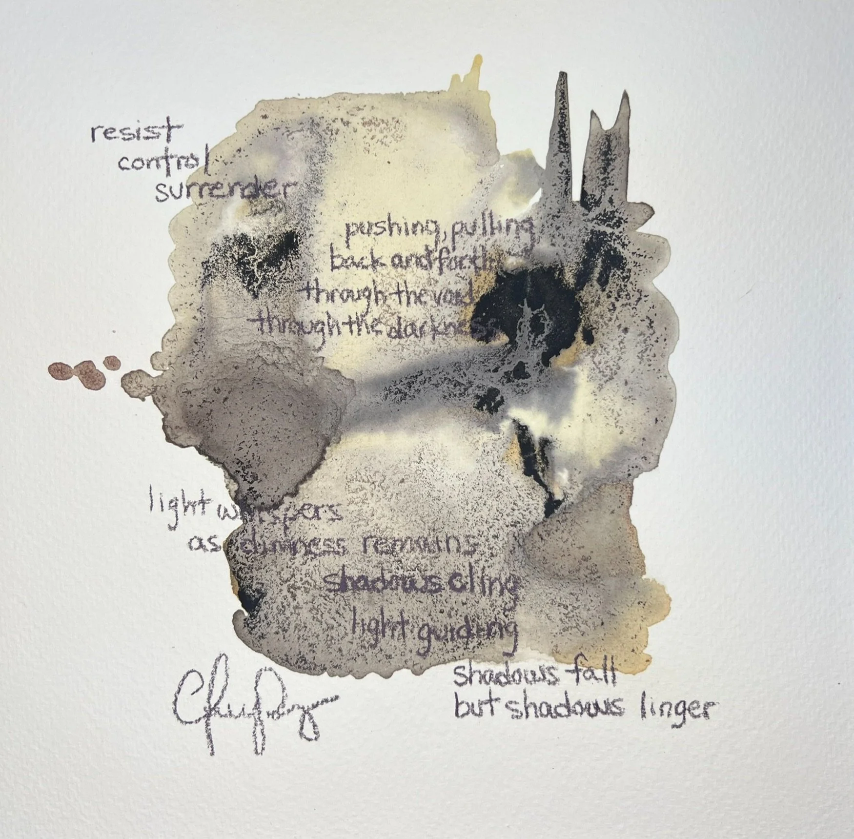 "Ascend III" | Natural inks created from: Pine needles (upward growth), oak leaves (endurance), iron gall (evolution) | Artist: Amanda Roy | 2025 | Meditation: "Symphony No. 3" by Philip Glass | 8"x8" mixed media on paper, natural inks, colored penc
