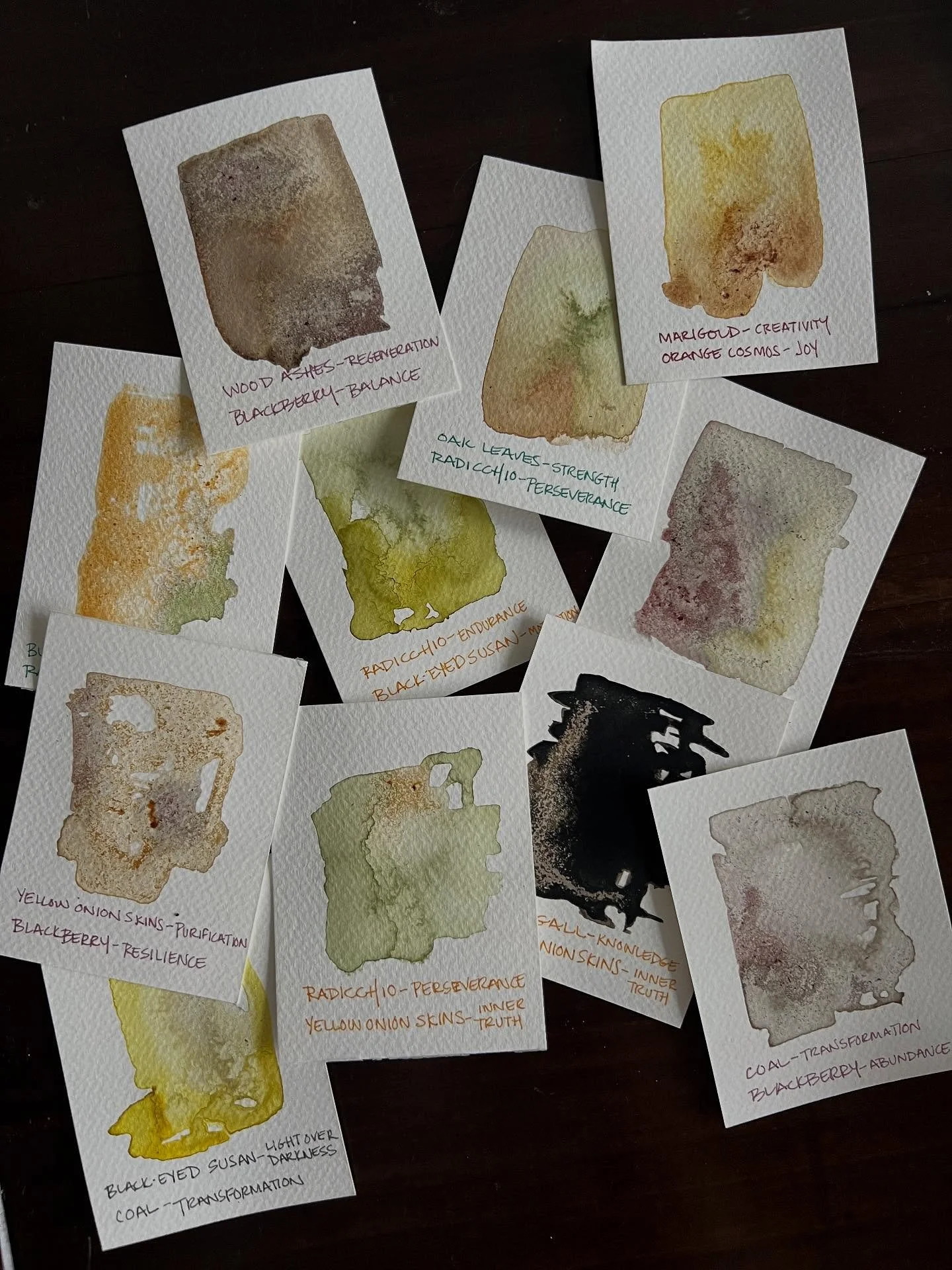 Affirmation Cards Vol. 1
I&rsquo;m exploring ways to share more art in Hartford and beyond. At my birthday dinner, I made these small trading card-style affirmations using natural inks I&rsquo;ve made. Each card had two inks and included a message of