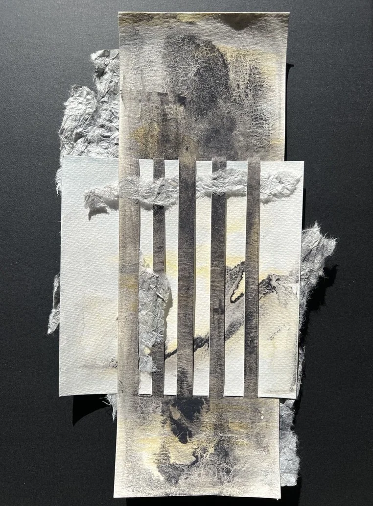 "Obscura II: Allegretto" | Natural inks created from: Grape hyacinth (resilience), marigold (grief), iron gall (struggle and authority) | Artist: Amanda Roy | 2025 | Meditation: "Symphony No. 5" by Dmitri Shostakovich | 12"x6" mixed media on wood pan