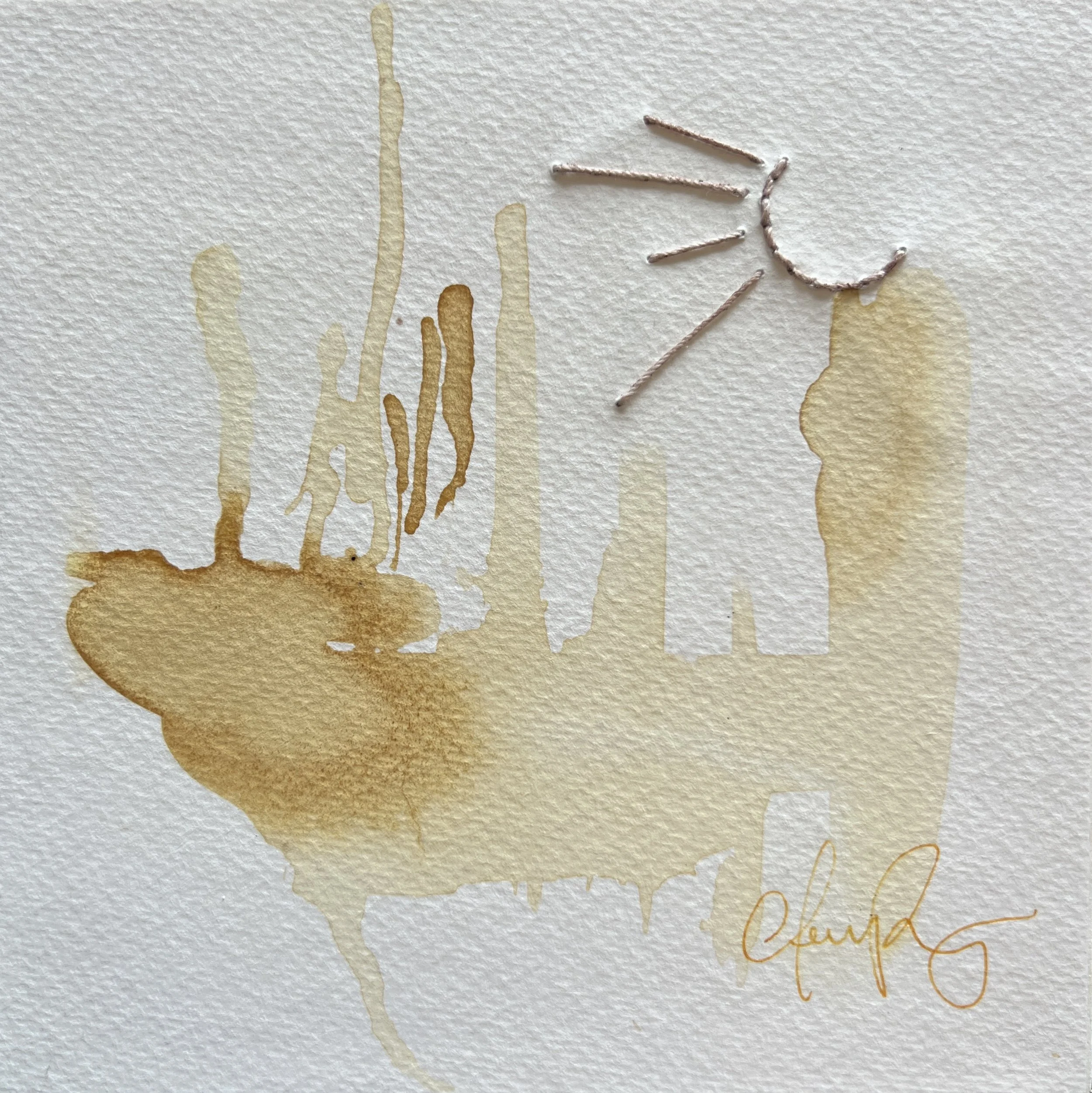 "Stringlines No. 6" | Natural inks created from: Goldenrod (stepping forward with bravery), cherry (new beginnings)| Artist: Amanda Roy | 2025 | Meditation: "String Quartet No. 6" by Philip Glass | 8"x8" mixed media on paper, natural inks, colored pe
