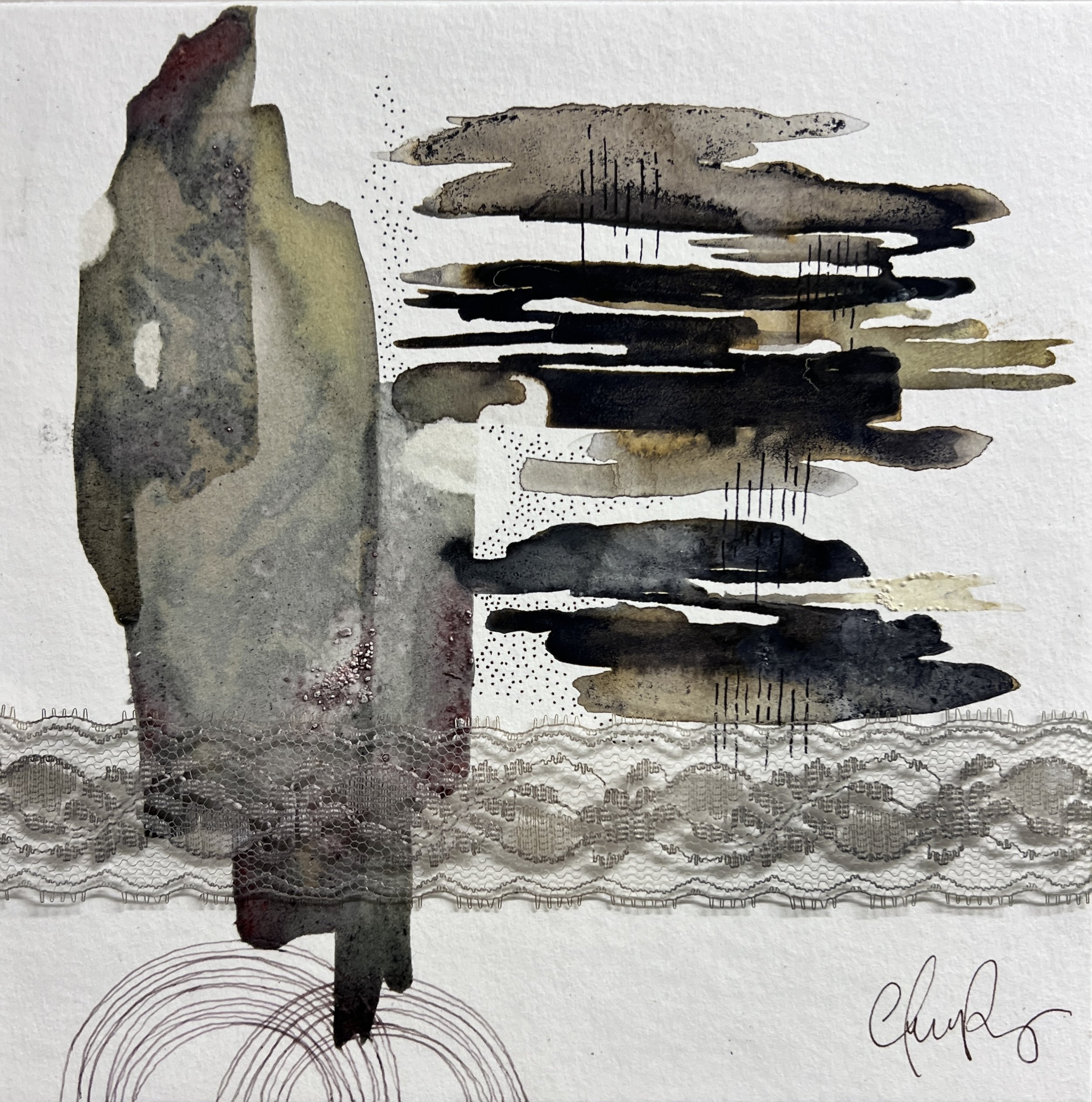 "Teardrop 3" | Natural inks created from: Azalea (fragile passion), Pomegranate (grief), Iron Gall (strength) | Artist: Amanda Roy | 2025 | Meditation: "Teardrop" by Massive Attack | 8"x8" mixed media on paper| $200, wood panel.