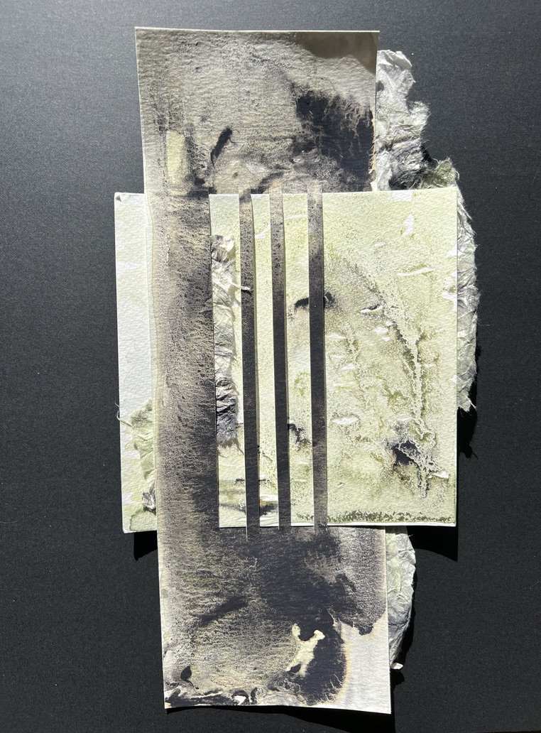 "Obscura I: Moderato" | Natural inks created from: Grape hyacinth (resilience), purple mums (quiet strength), iron gall (struggle and authority) | Artist: Amanda Roy | 2025 | Meditation: "Symphony No. 5" by Dmitri Shostakovich | 12"x6" mixed media on