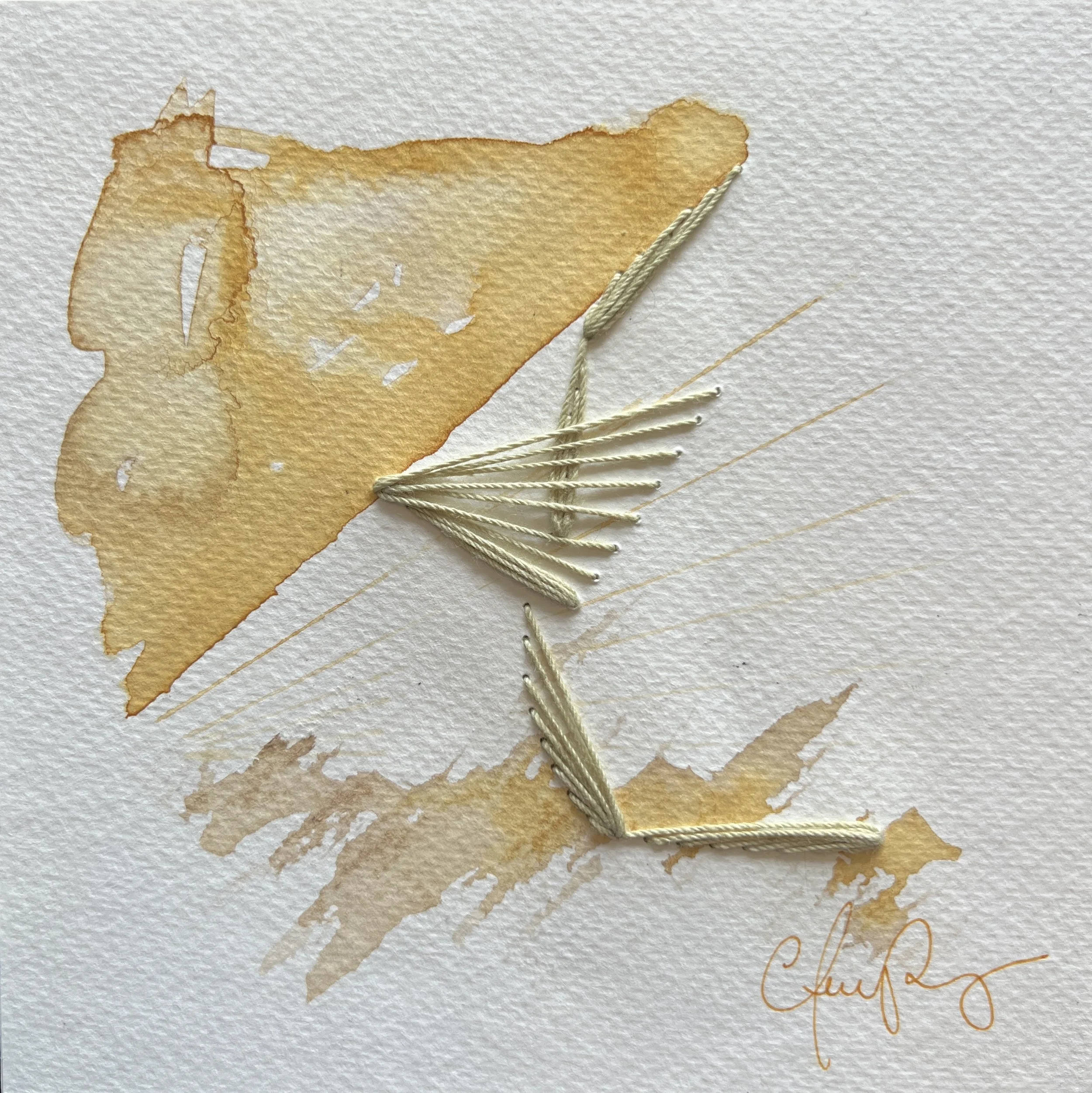 "Stringlines No. 2" | Natural inks created from: Ninebark (unconditional love), oak leaves (patience), radicchio (perseverance) | Artist: Amanda Roy | 2025 | Meditation: "String Quartet No. 2" by Philip Glass | 8"x8" mixed media on paper, natural ink