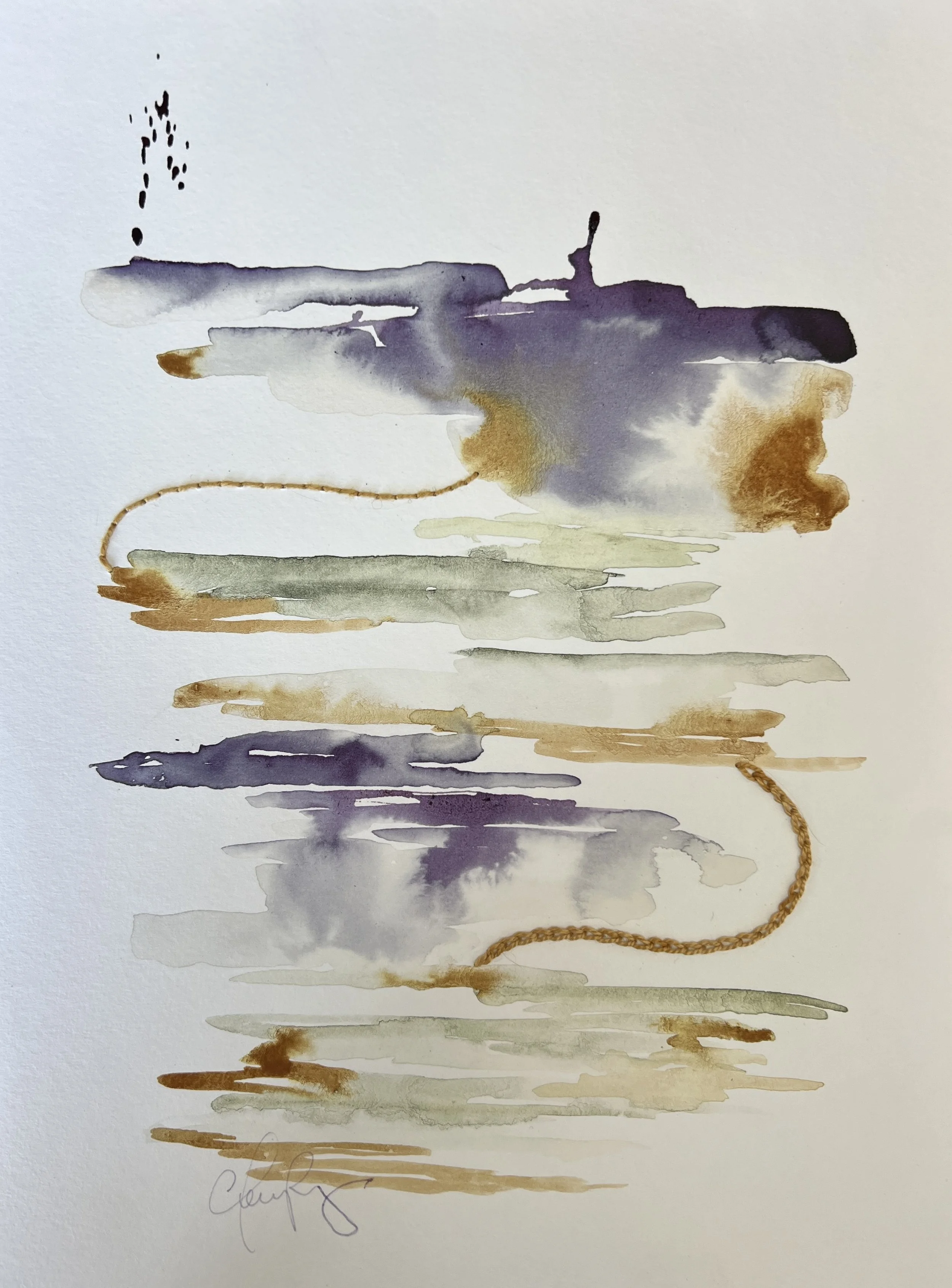 "Winter Breeze" | Natural inks created from: Ninebark (love/hope), Radicchio (longing/magic), Mulberry (healing/patience) | Artist: Amanda Roy | 2025 | Meditation: "Winter Breeze" by Moonchild | 12"x9" mixed media on paper| $500, framed.