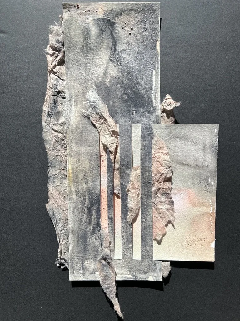 "Obscura III: Largo" | Natural inks created from: Grape hyacinth (resilience), pomegranate (death), iron gall (struggle and authority) | Artist: Amanda Roy | 2025 | Meditation: "Symphony No. 5" by Dmitri Shostakovich | 12"x6" mixed media on wood pane